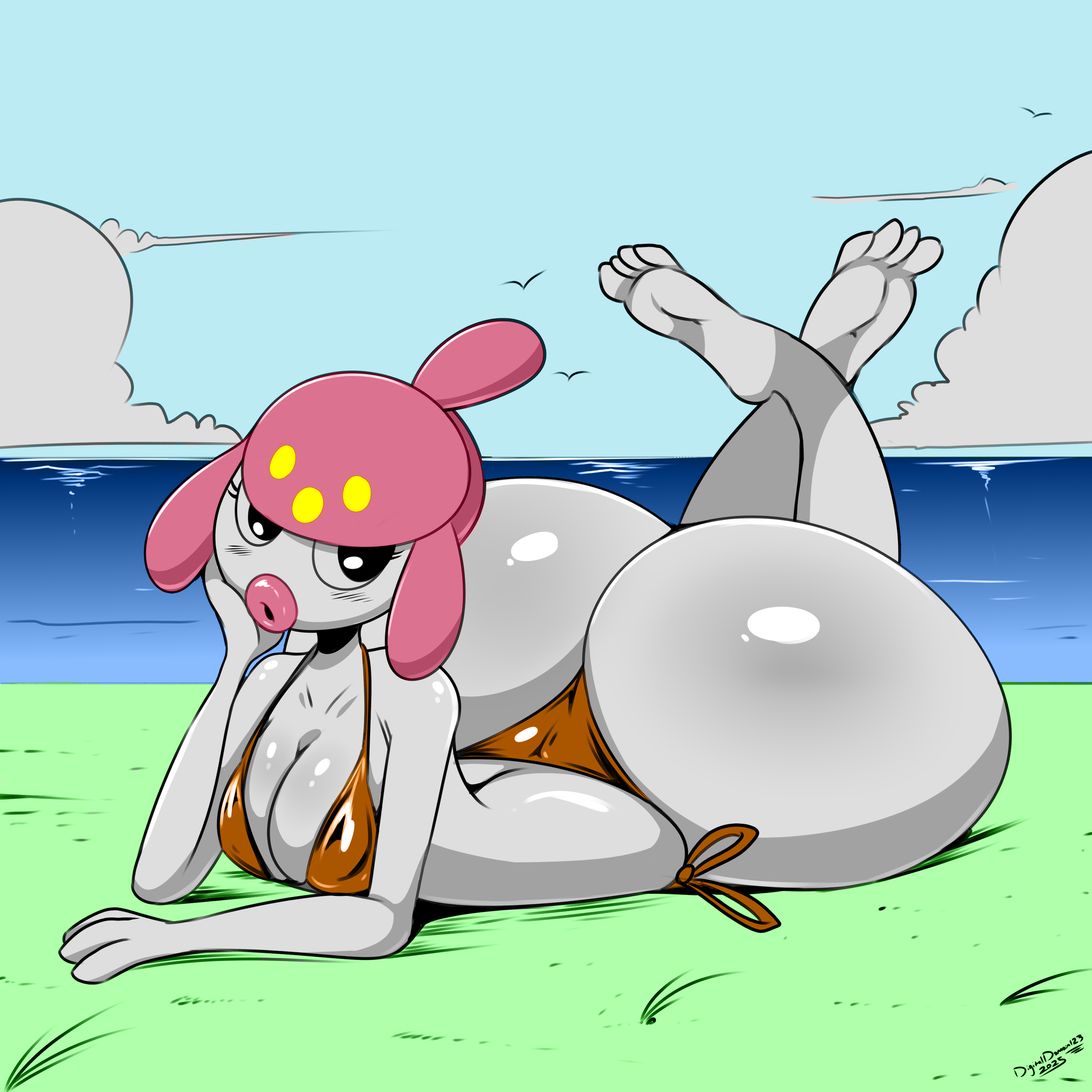 ass bigger than head, big ass, big butt, big cleavage, big lips, bikini, bikini top, black eyes, bubble ass, bubble butt, butt bigger than head, color, color edit, colored, colored sketch, colorization, colorized, colorshun, digitaldomain123, medicham, nintendo, ocean, ocean background, pokemon (species), sexy, sexy body, sexy pose, swimsuit, thong
