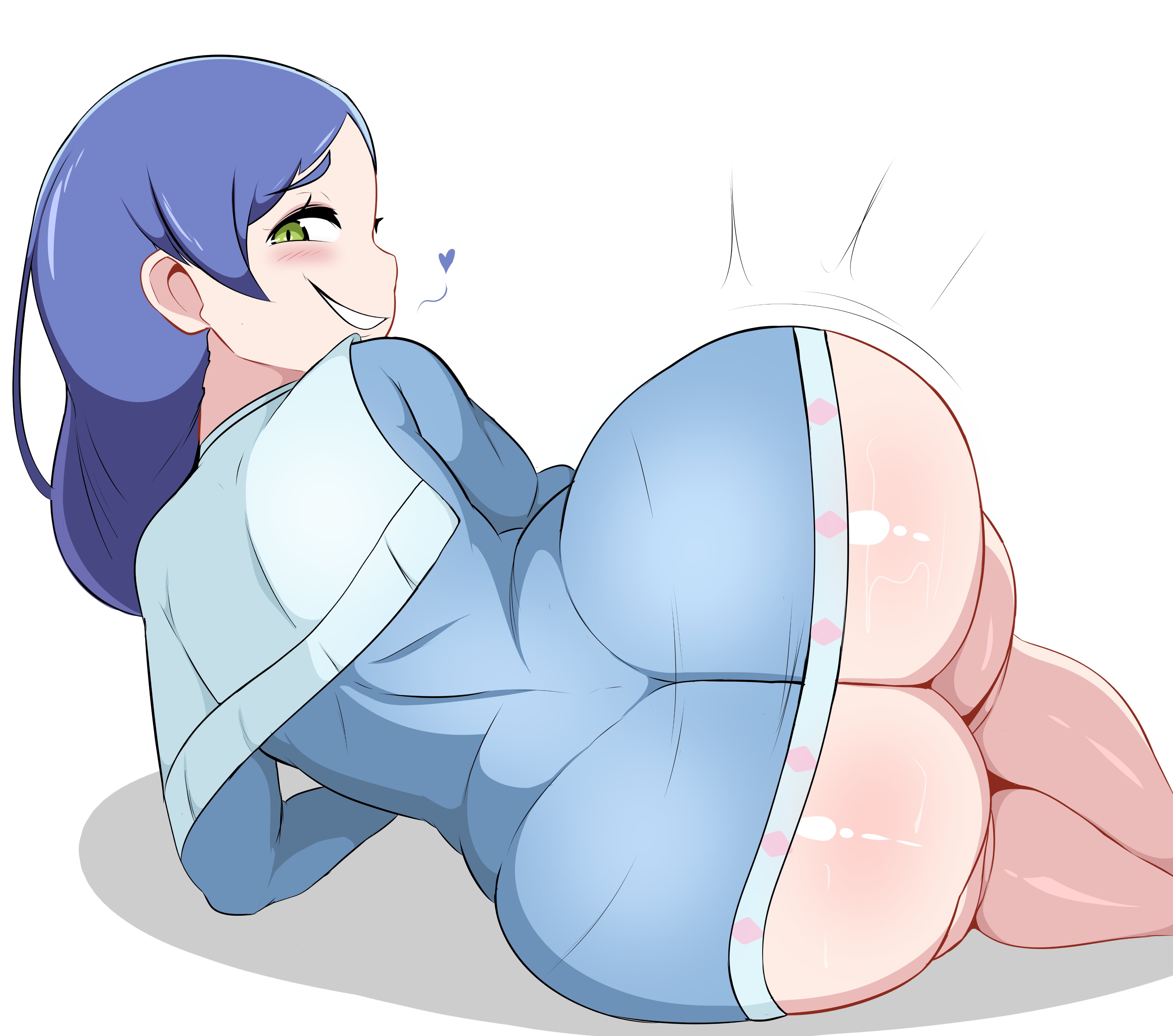 1girl, absurdres, ass, blue dress, blue hair, blush, dress, green eyes, grin, highres, huge ass, leo el random, long hair, long sleeves, looking at viewer, looking back, lying, meili portroute, microdress, on back, re:zero kara hajimeru isekai seikatsu, simple background, smile, solo, white background, wide hips