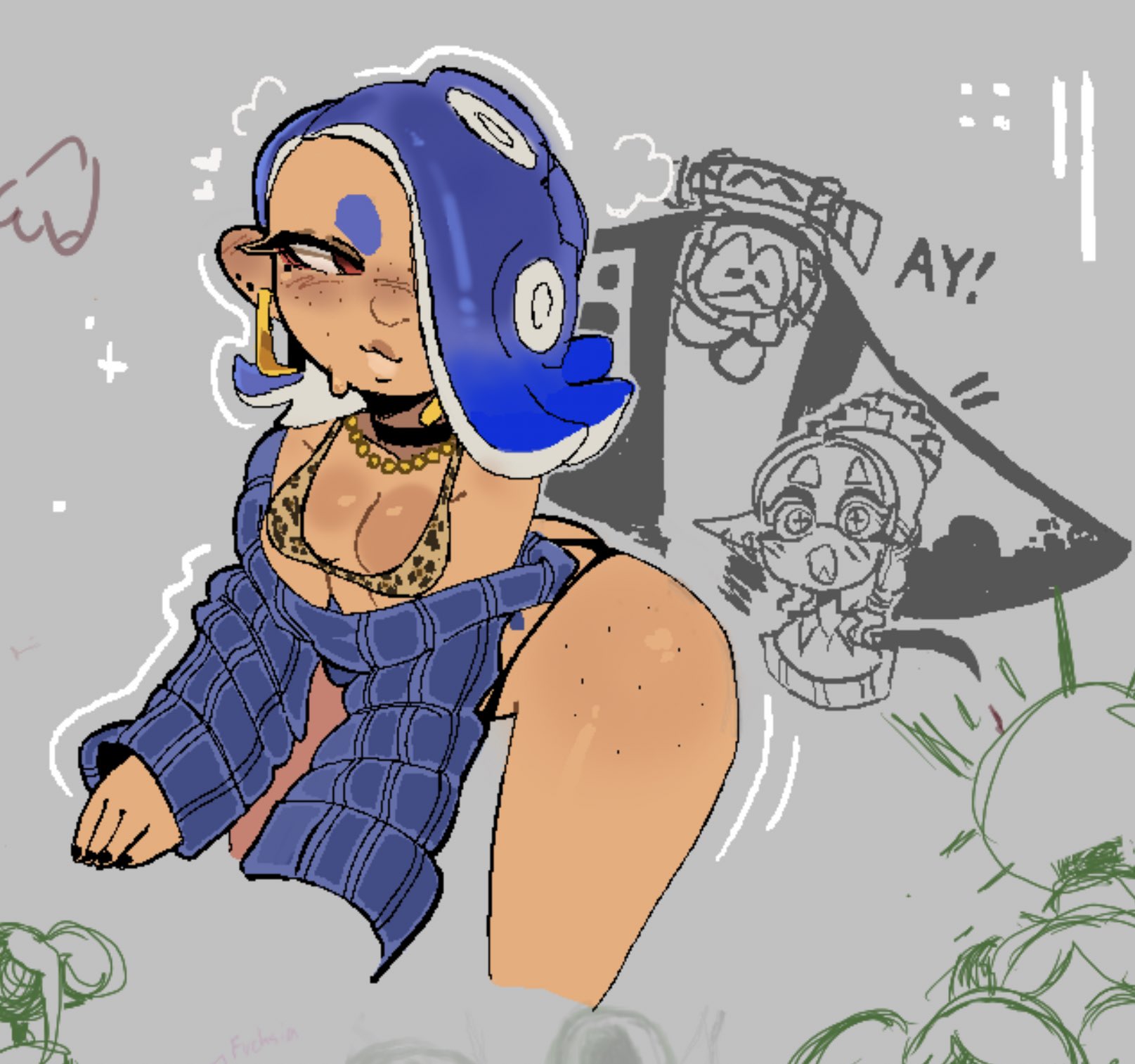 1boy, 2girls, arched back, bikini, black nails, blue hair, blush, choker, cleavage, earrings, gyaru, jacket, leopard print, necklace, red eyes, shiver (splatoon), shocked, sketch, small breasts, solo focus, spicyzaz, splatoon, splatoon 3, tan skin, thong