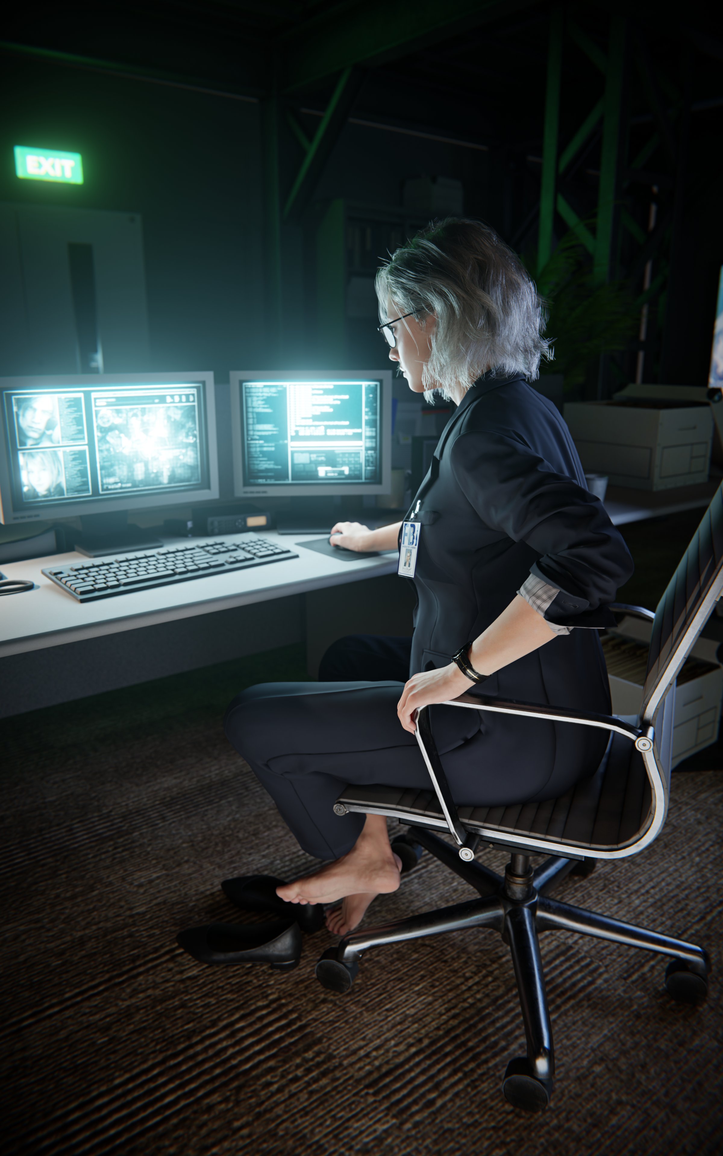 1girls, 3d, 3d (artwork), 3d model, barefoot, blender, clothing, commission, computer, desktop, electronics, feet, feet together, female, female only, footwear, grace ashcroft, grace ashcroft (fbi outfit), grace ashcroft (julia pratt), human, id card, monitor, nonsexual, office, office chair, office clothing, office lady, pale skin, r3xstone, resident evil, resident evil 9: requiem, sitting, sitting on chair