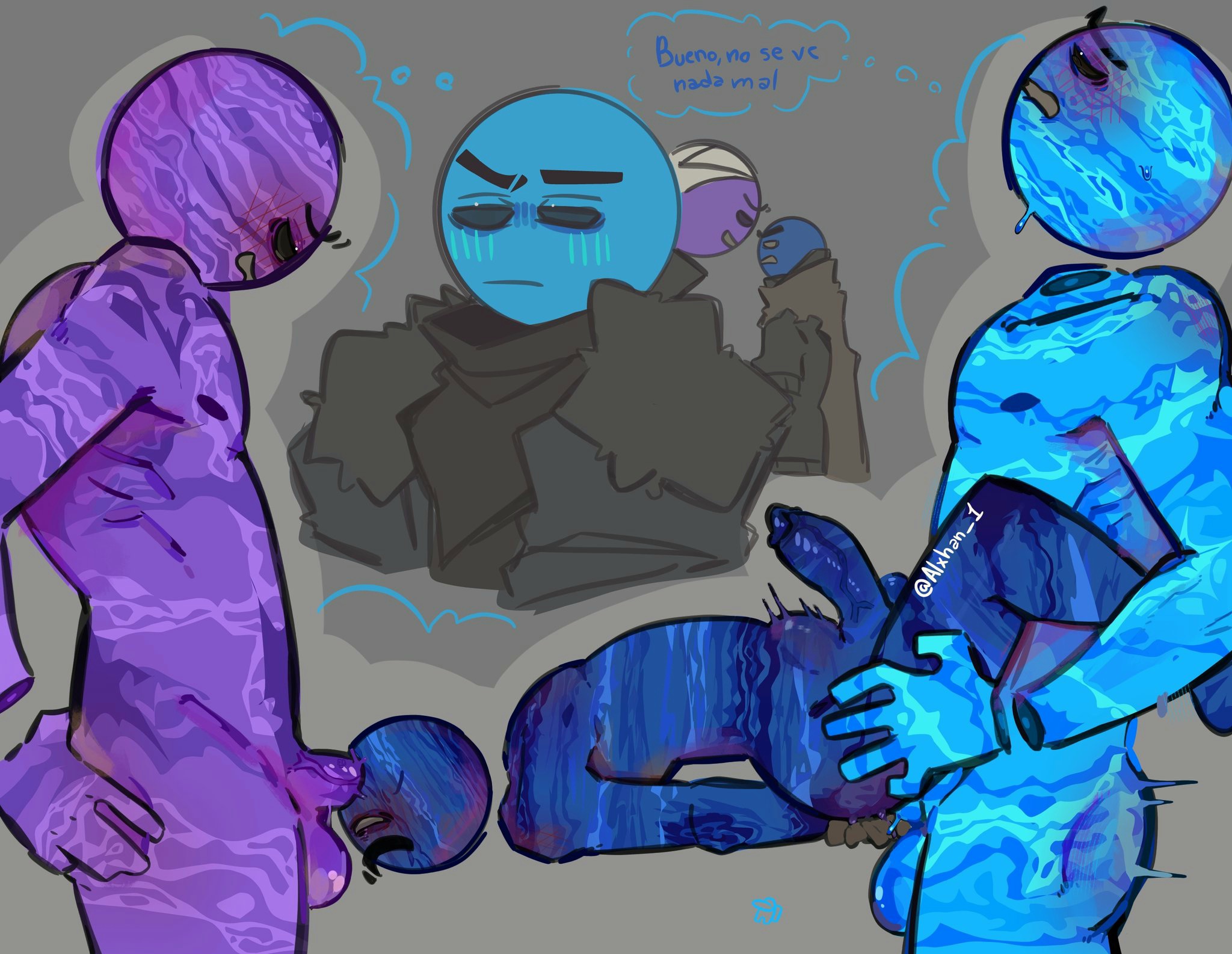 3boys, anal, anal penetration, anal sex, belly bulge, blowjob, blue body, erect penis, gay, gay male, gay sex, hanaku 1allover, humanoid, male, male only, male/male, no humans, penis, penis in ass, penis in mouth, planet, planet x (solarballs), pso (solarballs), purple body, size difference, solarballs, spanish text, text, thought bubble, threesome, wise (solarballs), yaoi