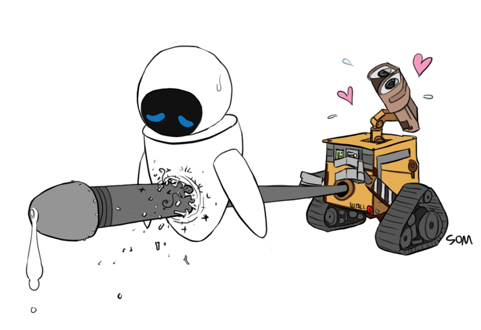 1boy 1girls big_penis disney duo eve_(wall-e) female heart male penis pixar robot som stabbing wall-e wall-e_(character) what where_is_your_god_now white_background