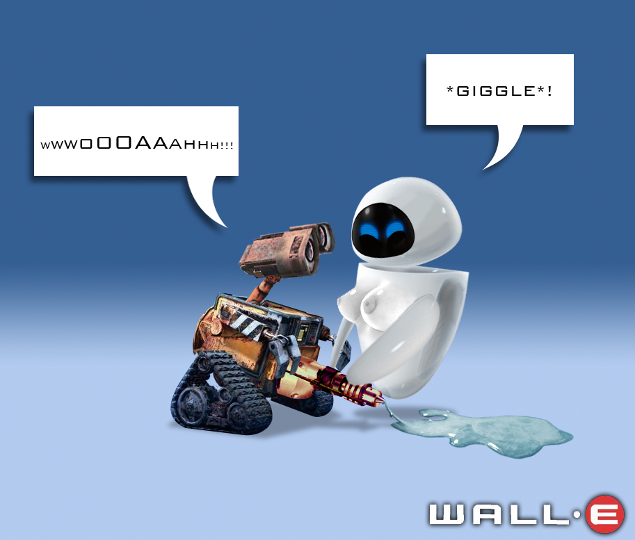 1boy 1girls after_sex breasts cum disney duo english_text eve_(wall-e) female male nipples penis pixar puddle robot simple_background text wall-e wall-e_(character) what where_is_your_god_now