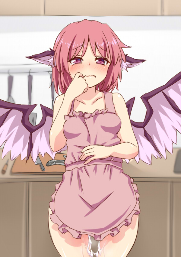 after_sex animal_ears apron bangs bare_shoulders blush breasts closed_mouth collarbone cum cumdrip cutting_board eyebrows_visible_through_hair female fish frills kitchen knife lamprey looking_at_viewer medium_hair mystia_lorelei naked_apron no_hat no_headwear pink_hair purple_eyes solo spread_wings standing tears thighs tori_(minamopa) touhou wavy_mouth wings