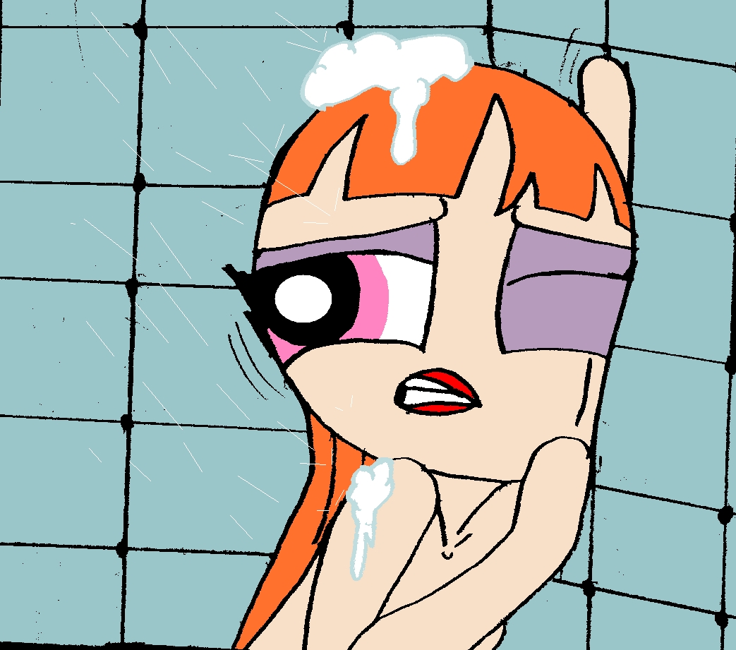 1girls against_wall blossom_(powerpuff_girls) hyper_eyes implied_penetration implied_sex lipstick naked naked_female orange_hair pink_eyes powerpuff_girls red_lipstick shower soapy straight_hair tagme toongrowner