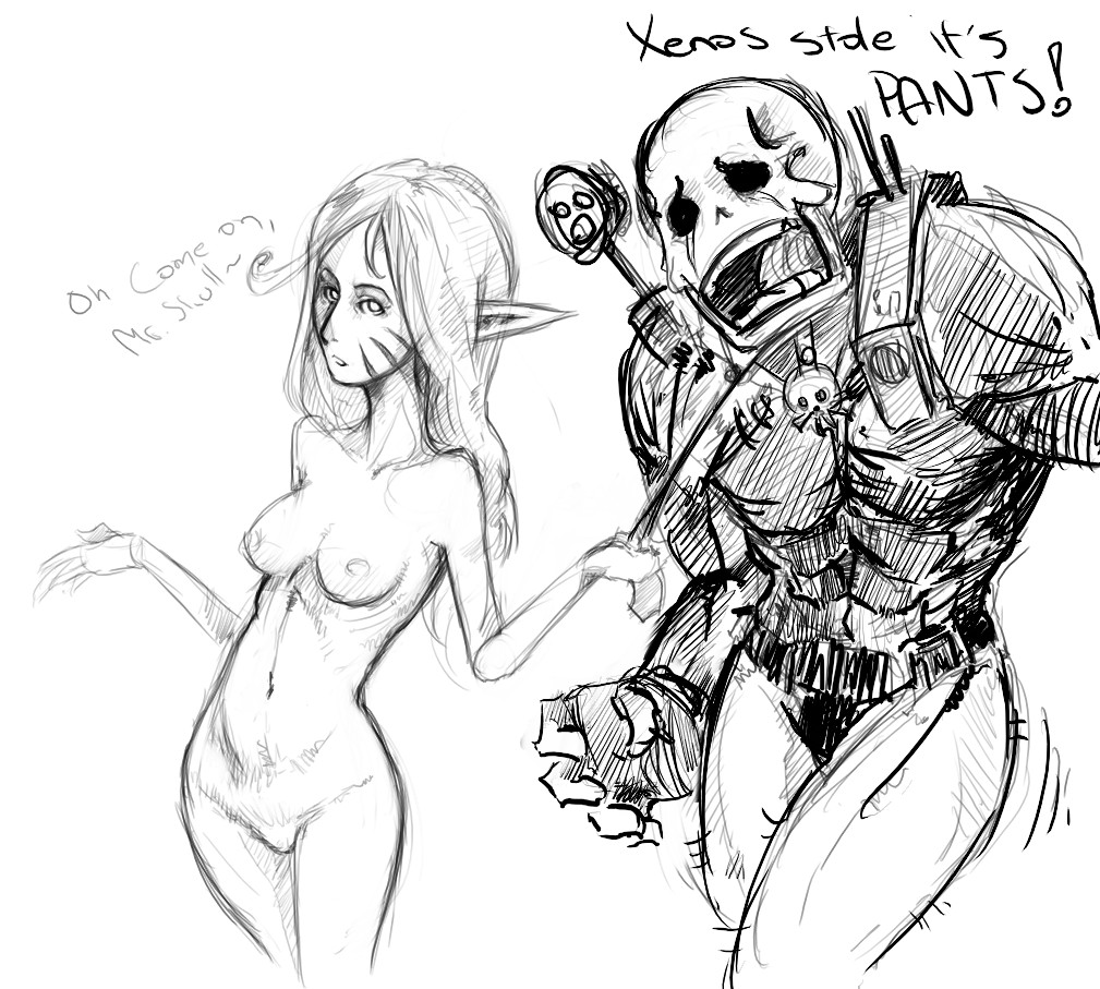 1girls aeldari black_and_white dawn_of_war dialogue eldar english_text eversor_assassin farseer farseer_macha female humor imperium_of_man monochrome officio_assassinorum sketch text warhammer_(franchise) warhammer_40k