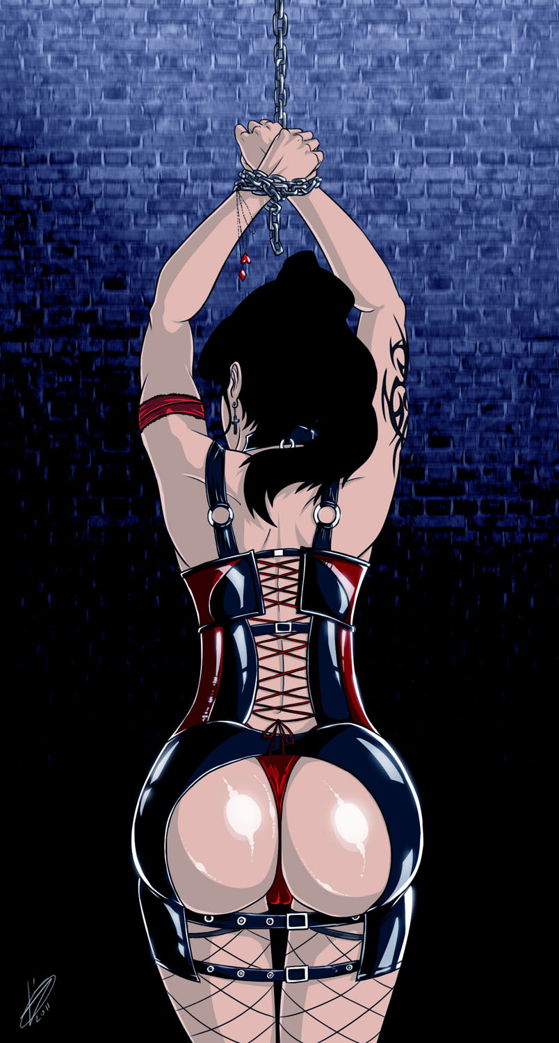 1girls, 2d, 2d (artwork), absurd res, absurdres, arms up, ass, ass focus, black hair, bondage, breasts, busty, character request, collar, copyright request, corset, curvy, devil hs, earrings, female, female focus, female only, fishnets, g-string, hi res, highres, hourglass figure, light skin, light-skinned female, long hair, pale skin, pale-skinned female, pinup, pose, posing, red corset, solo, tattoo, thong, voluptuous, watermark, wide hips