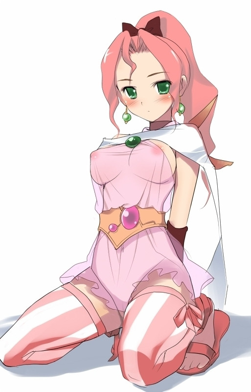 blush breasts earrings female female_only final_fantasy final_fantasy_iv final_fantasy_iv_the_after green_eyes hima human jewelry kneeling looking_at_viewer nipples pink_hair ponytail porom sandals see-through simple_background solo tied_hair white_background