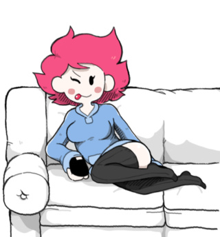 1girls ;p earthbound female female_only kumatora legs looking_at_viewer mob_face mother_(series) mother_3 nintendo pink_hair short_hair simple_background smile sofa solo stockings tongue tongue_out wink yaglon