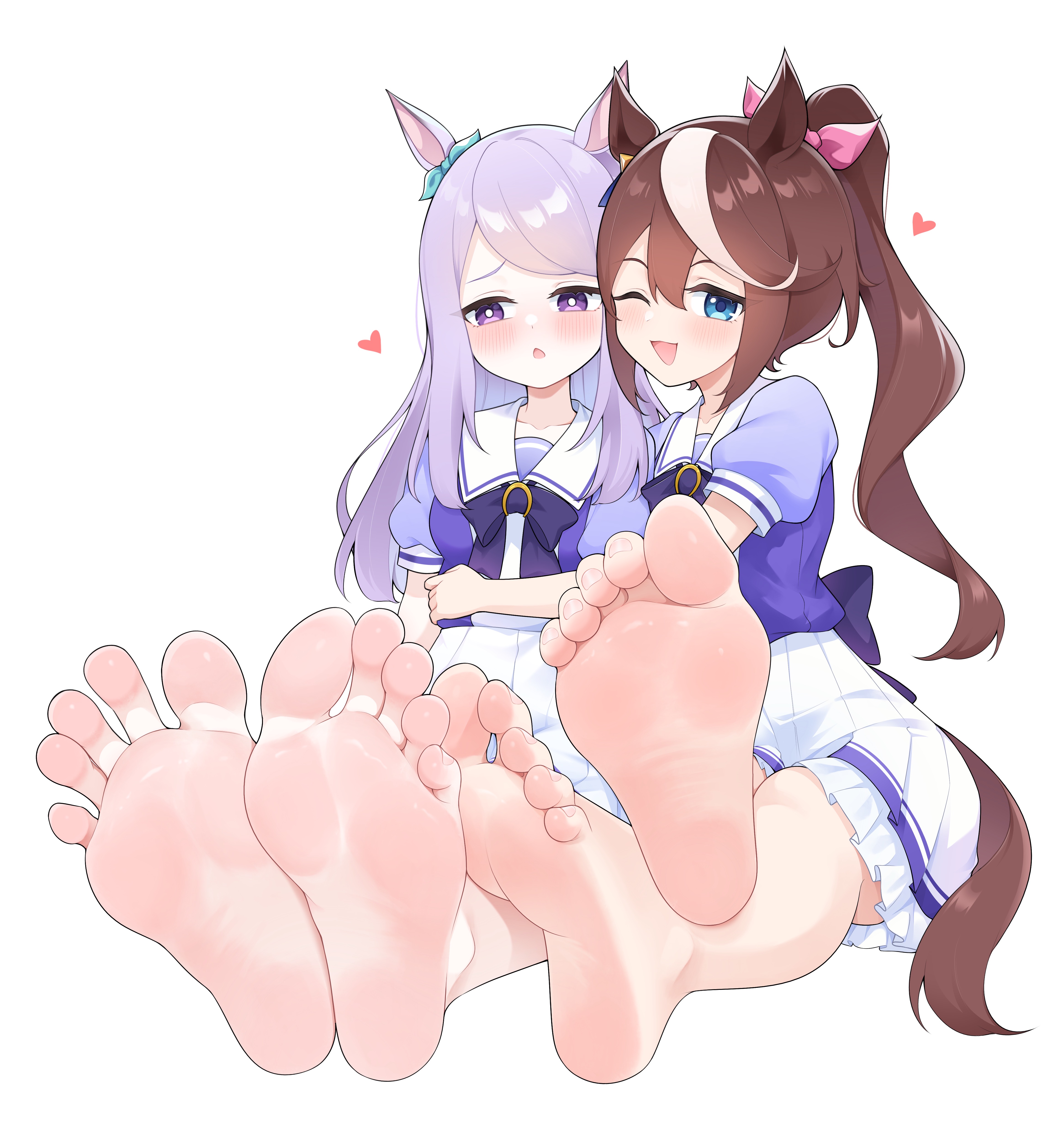 2girls, absurdres, animal ears, aqua bow, barefoot, big feet, big soles, blue eyes, blush, bow, bowtie, brown hair, commentary request, commission, ear bow, ear ribbon, feet, feet together, foot fetish, foot focus, hair between eyes, heart, highres, horse ears, horse girl, horse tail, huge feet, huge soles, large feet, large soles, long hair, looking at viewer, massive feet, meaty feet, meaty soles, mejiro mcqueen (umamusume), multicolored hair, multiple girls, one eye closed, open mouth, pixiv commission, pleated skirt, ponytail, puffy short sleeves, puffy sleeves, purple bow, purple bowtie, purple eyes, purple hair, purple shirt, sailor collar, sailor shirt, school uniform, shirt, short sleeves, skirt, smile, soles, soles fetish, streaked hair, tail, toes, tokai teio (umamusume), tracen school uniform, two-tone hair, umamusume, white hair, white sailor collar, white skirt, wl217 (nicexa111)