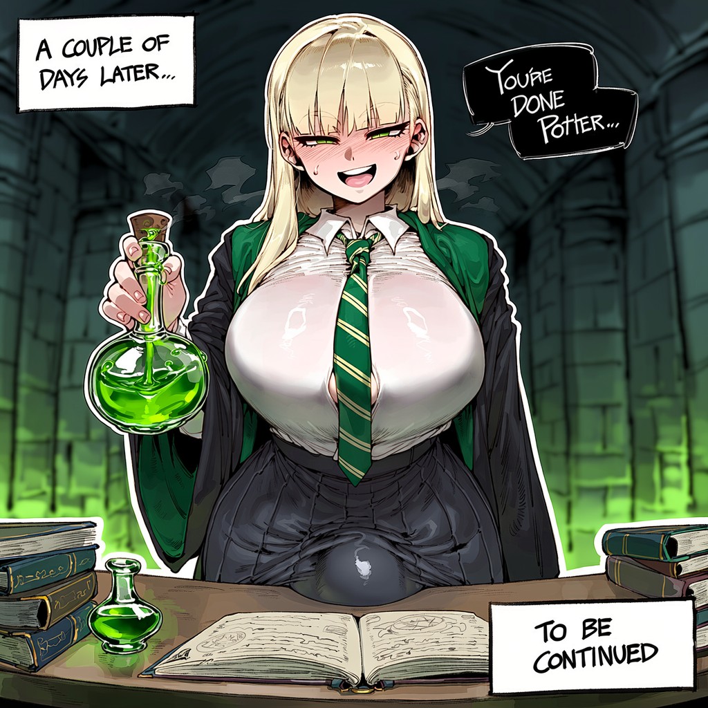 1futa, 2026, 2d, absurd res, absurd resolution, absurdres, ai generated, black robe, black skirt, blonde hair, blunt bangs, blush, book, book stack, breasts, bulge, caption, collared shirt, comic, comic page, covered penis, draco malfoy, draco malfoy (redteneri), english text, erection, erection under clothes, flask, fumikogens, futanari, green eyes, green necktie, harry potter, hi res, high quality, high resolution, highres, hogwarts school uniform, holding, holding book, huge breasts, image, indoors, large breasts, long hair, long sleeves, looking at viewer, necktie, open mouth, patreon, pleated skirt, potion, robe, school uniform, shirt, shirt tucked in, skirt, smile, solo, speech bubble, striped necktie, sweat, teeth, text, uncensured, upper teeth only, white shirt