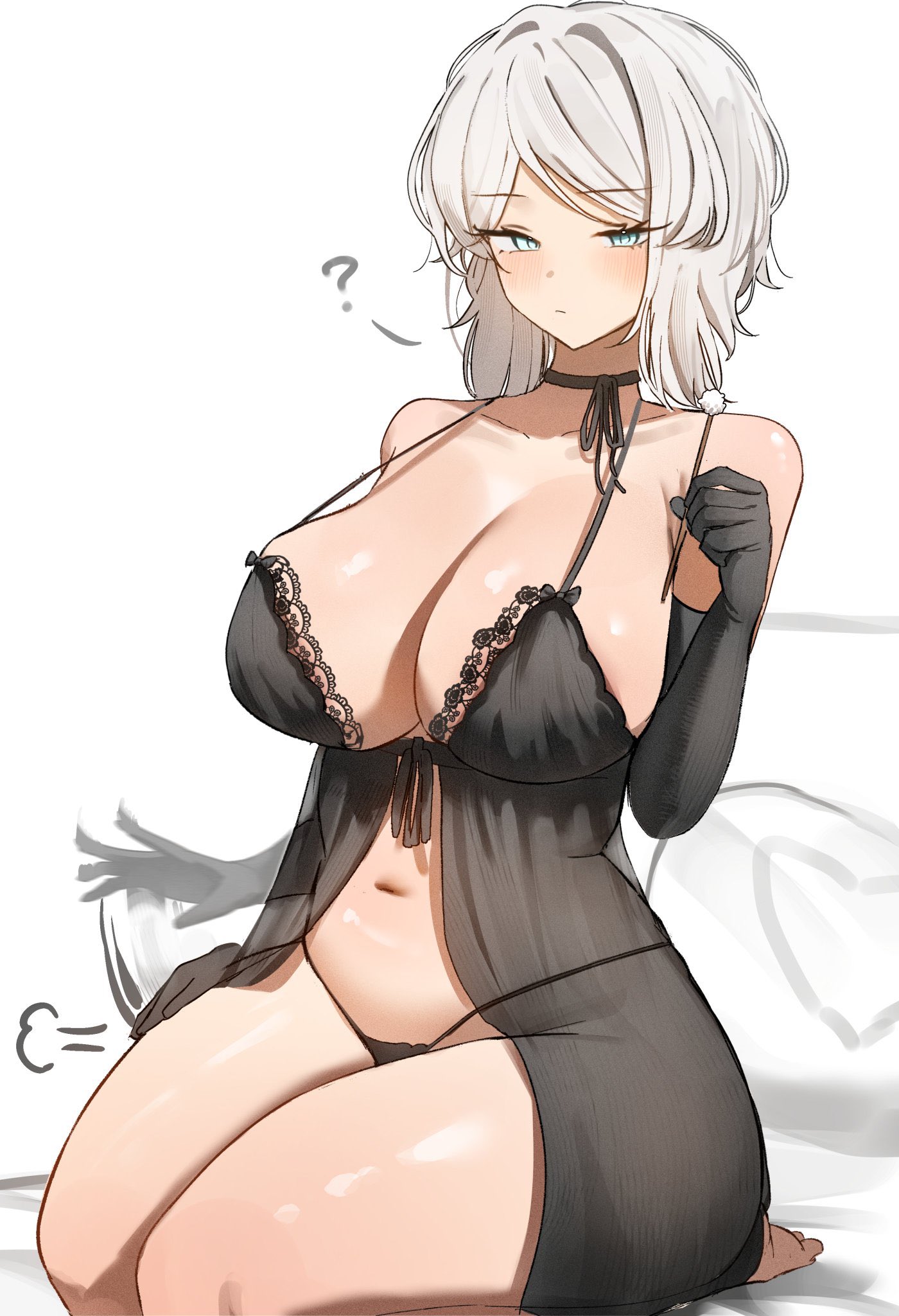 ?, 1girl, 1girls, bare shoulders, black choker, black gloves, black negligee, black panties, blue eyes, blush, breasts, choker, cleavage, closed mouth, elbow gloves, faust (limbus company), faust (project moon), female, female only, gloves, highres, large breasts, limbus company, looking at viewer, motion blur, navel, negligee, panties, project moon, seiza, short hair, simple background, sitting, solo, stomach, tomosakaaa, underwear, white background, white hair