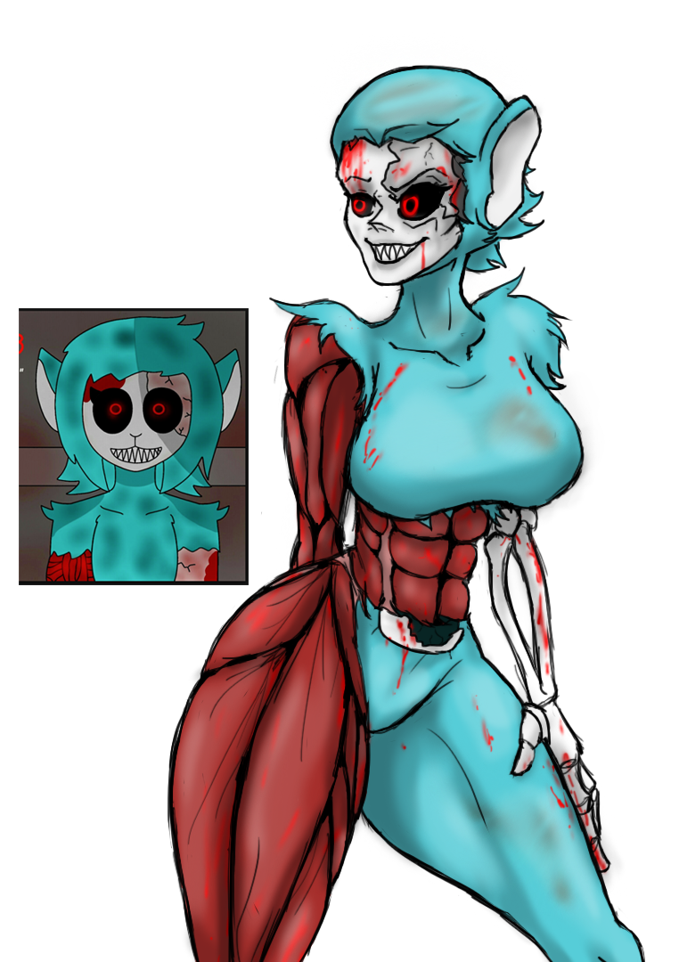 big_breasts exposed_bone exposed_muscle female hb-viper light_blue_fur skeletal_arm slendytubbies withered