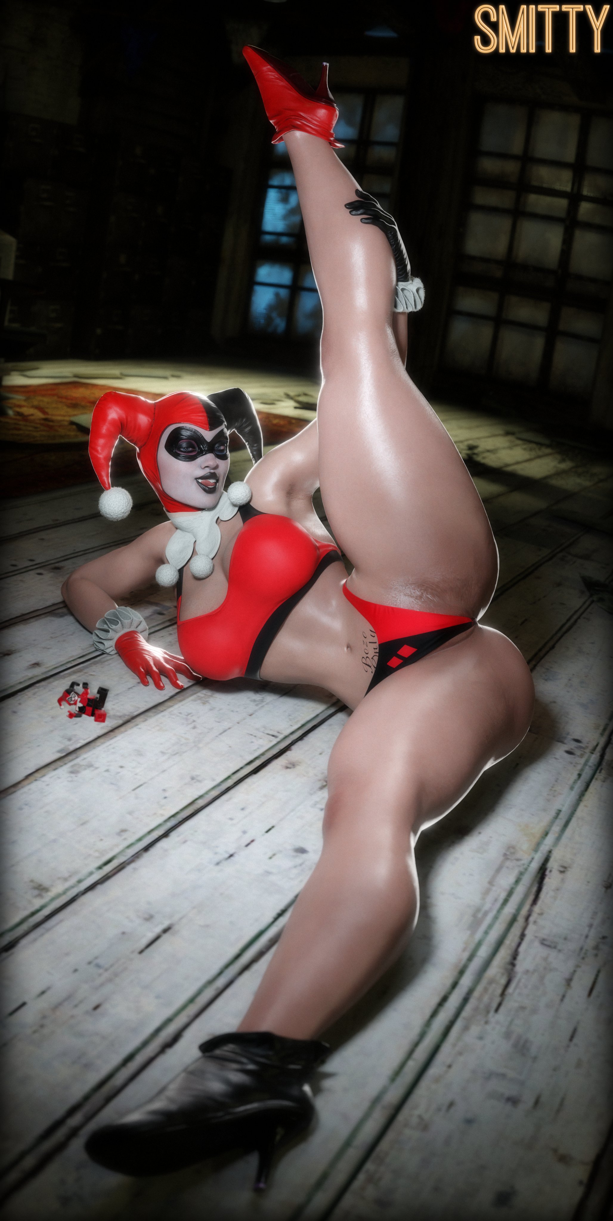 1female, 1girls, 2026, 3d, ass, batman (series), big boobs, big breasts, big tits, boobs, bozo pubic tattoo, breasts, butt, clown, clown girl, curvaceous, curvy, curvy female, curvy figure, dc, dc comics, eyemask, female, female only, flexible, flexible female, glistening, handwear, harley quinn, harley quinn (classic), harley quinn (injustice), jester hat, leg up, legs apart, light skin, light-skinned female, lipstick, looking at viewer, makeup, presenting, pubic tattoo, smitty34, solo, stretching, tattoo, thick thighs, thighs, tits, tongue