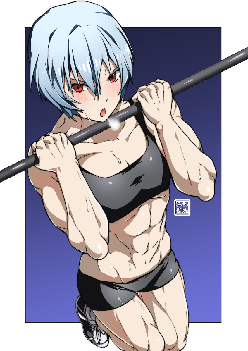 1girls abs bars biceps blue_hair blush booty_shorts bra clothing eudetenis exhausted female female_only fit fitness fully_clothed gym gym_clothes gym_shorts gym_uniform looking_at_viewer muscle muscles muscular_female neon_genesis_evangelion open_mouth pull_up_bar pull_ups red_eyes rei_ayanami short_hair simple_background solo sports_bra strong sweat toned_female white_skin workout