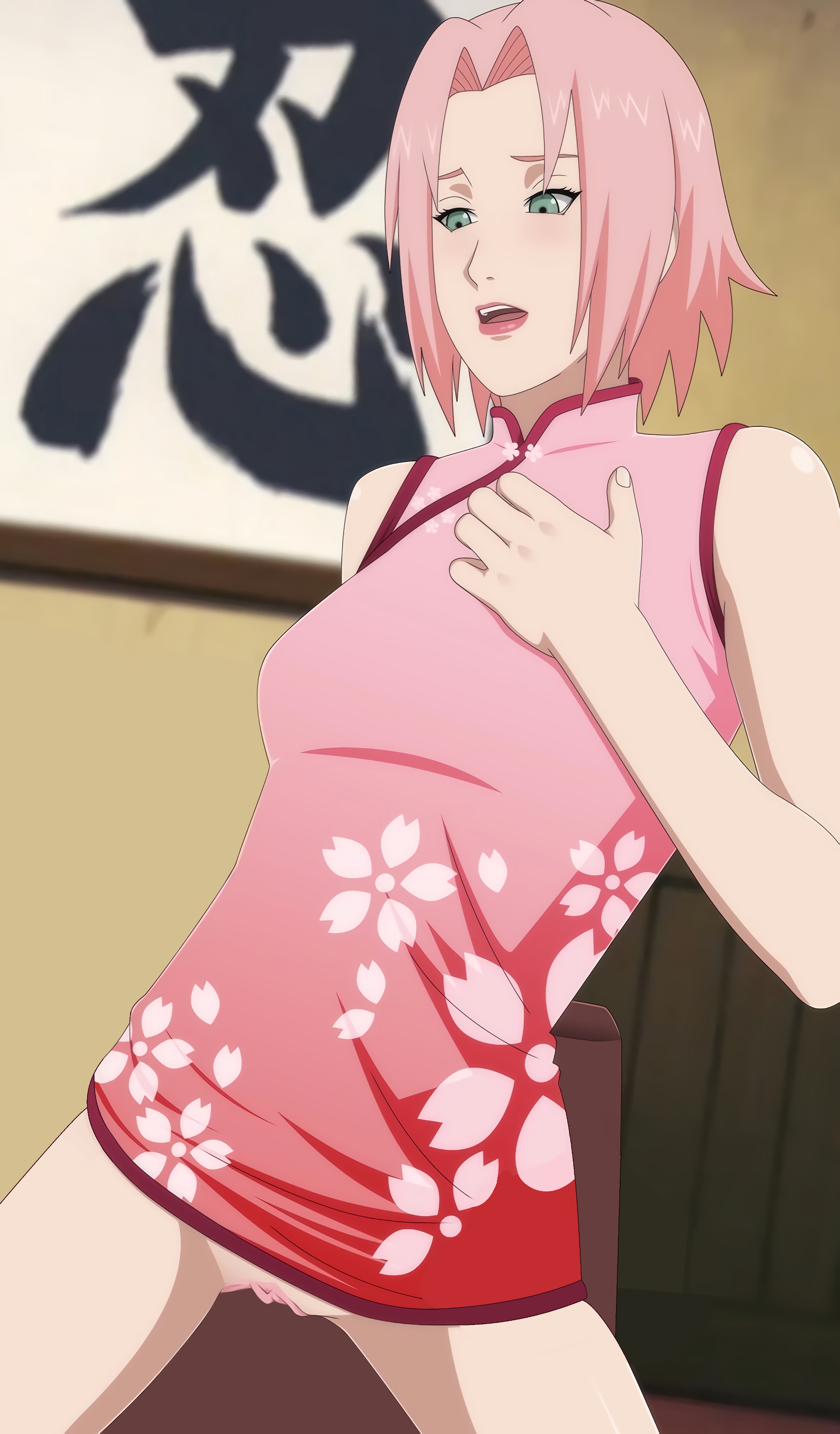 1girls, blush, boruto: naruto next generations, darkalx, dress, edit, female, female only, green eyes, lipstick, naruto, naruto (series), oral, pink hair, pussy, sakura haruno, solo, solo focus, vagina