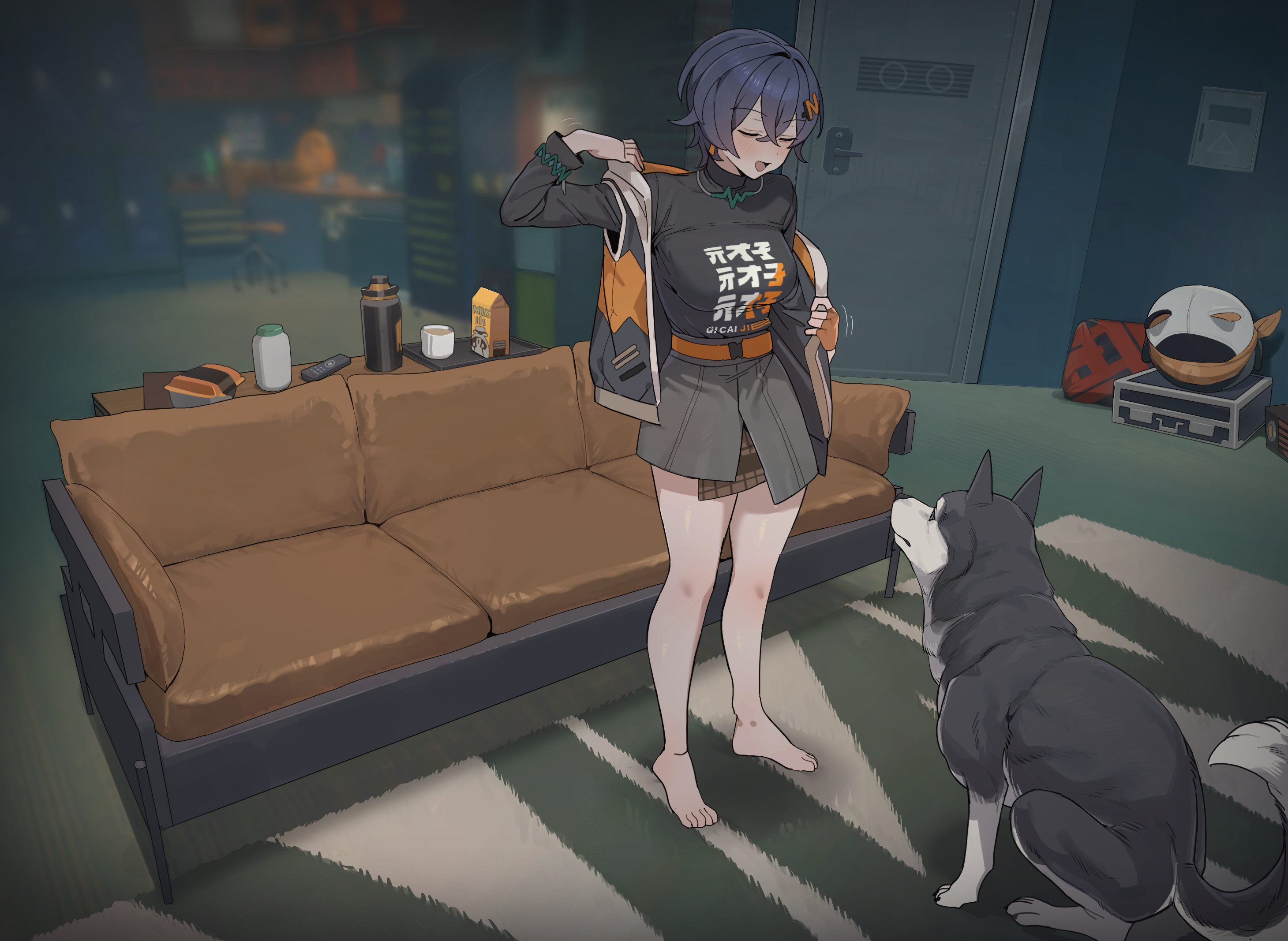 1animal, 1boy, 1boy1girl, 1female, 1girl, 1girl1boy, 1girls, 2d, 2d (artwork), 2d artwork, amana, aqua eyes, barefoot, belle (zenless zone zero), bestiality, blue hair, canine, dog, green eyes, interspecies, legs, long legs, medium hair, mihoyo, pale skin, pale-skinned female, removing clothing, removing shoes, shoes, short hair, zenless zone zero