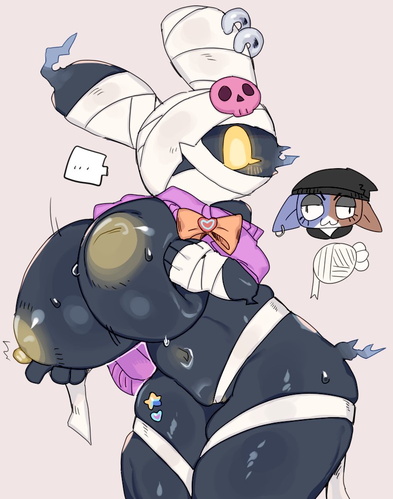 2d (artwork), 4 fingers, areolae, background character, bandaged face, bandaged hands, bandages, belly button, big boobs, black body, boobs, bow, bunny, bunny girl, bunnybone (fortnite), curvy, ear piercing, epic games, eyelashes, female, female only, fortnite, furry, glowing eyes, head accessory, long ears, meow skulls (fortnite), nipples, ookm, simple background, speech bubble, squeezing breasts, stickers on body, subtle pussy, tagme, thick thighs