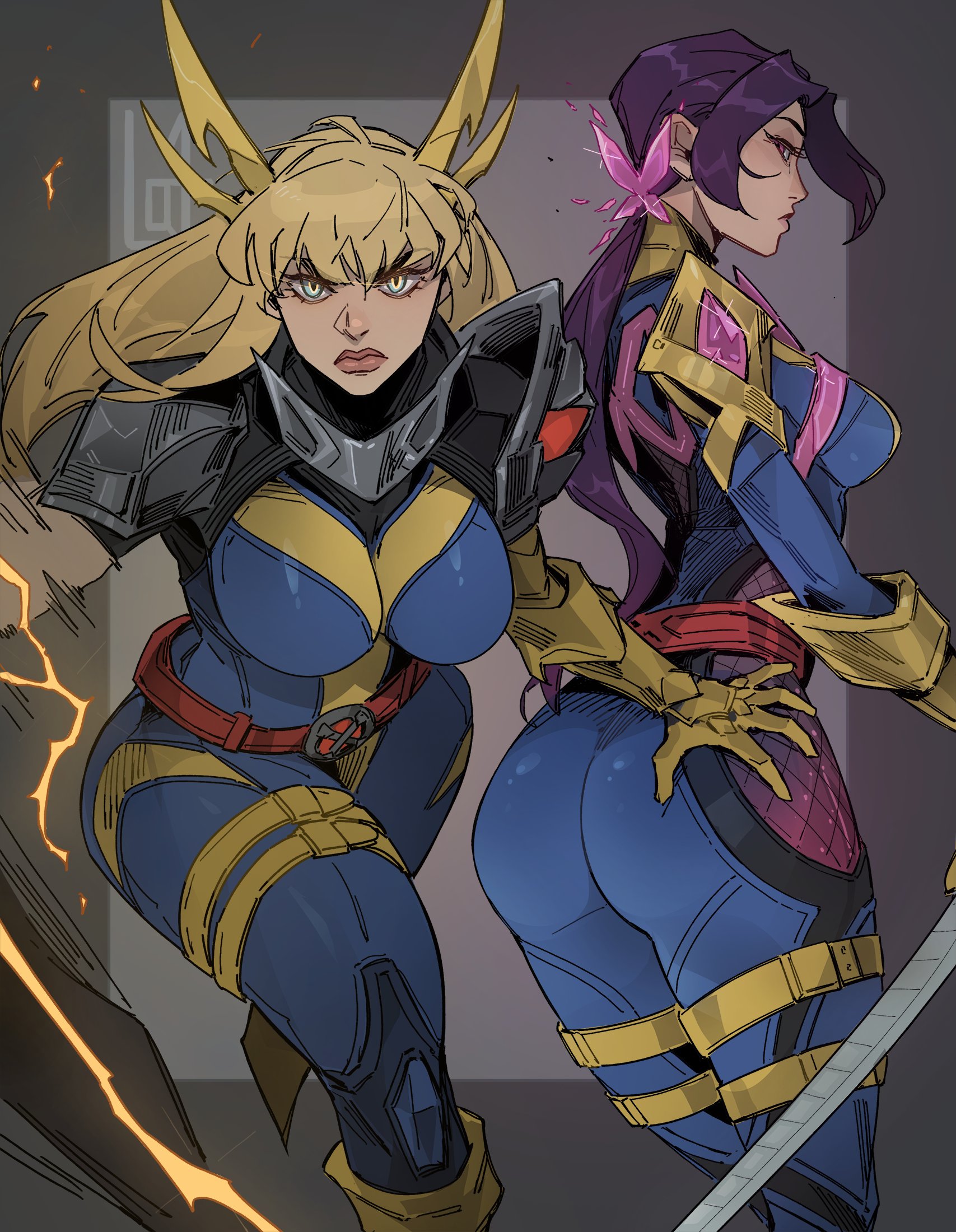 2d, 2girls, ass, ass grab, big ass, clothed, clothing, female, female only, grabbing, grabbing ass, loqu1t, magik (illyana rasputin), magik (marvel rivals), magik (retro x-uniform), marvel, marvel rivals, psylocke, psylocke (marvel rivals), psylocke (sai) (retro x-uniform), skin tight, skindentation, thick thighs, x-men, yuri