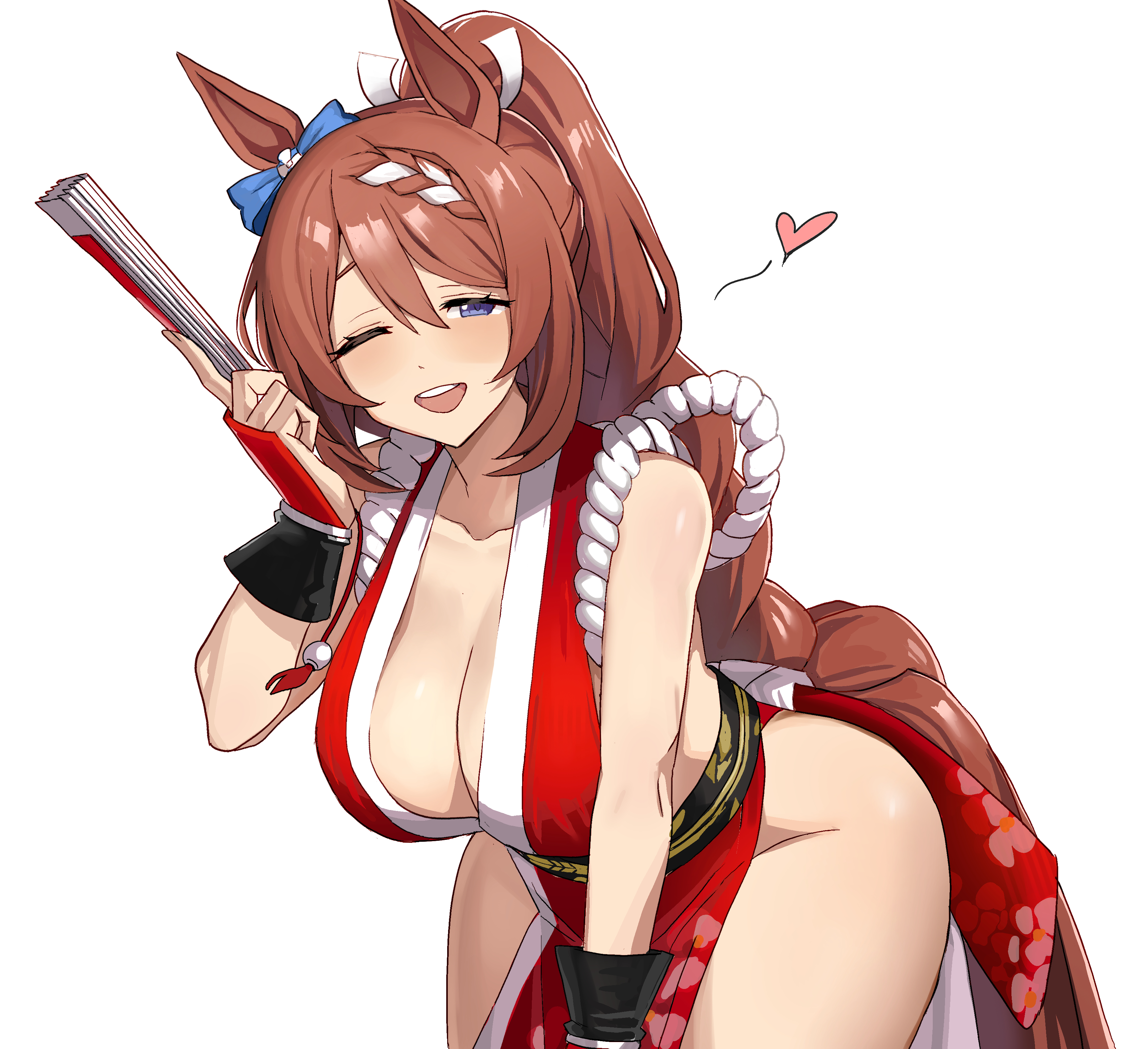 1girl, 1girls, artist request, bare shoulders, blue eyes, blush, brown hair, cleavage, fatal fury, female, female only, folding fan, holding fan, horse ears, horse girl, horse tail, king of fighters, kouhaku nawa, large breasts, leaning forward, long hair, looking at viewer, mai shiranui, mai shiranui (cosplay), one eye closed, open mouth, pelvic curtain, red dress, solo, super creek (umamusume), thighs, umamusume, umamusume pretty derby