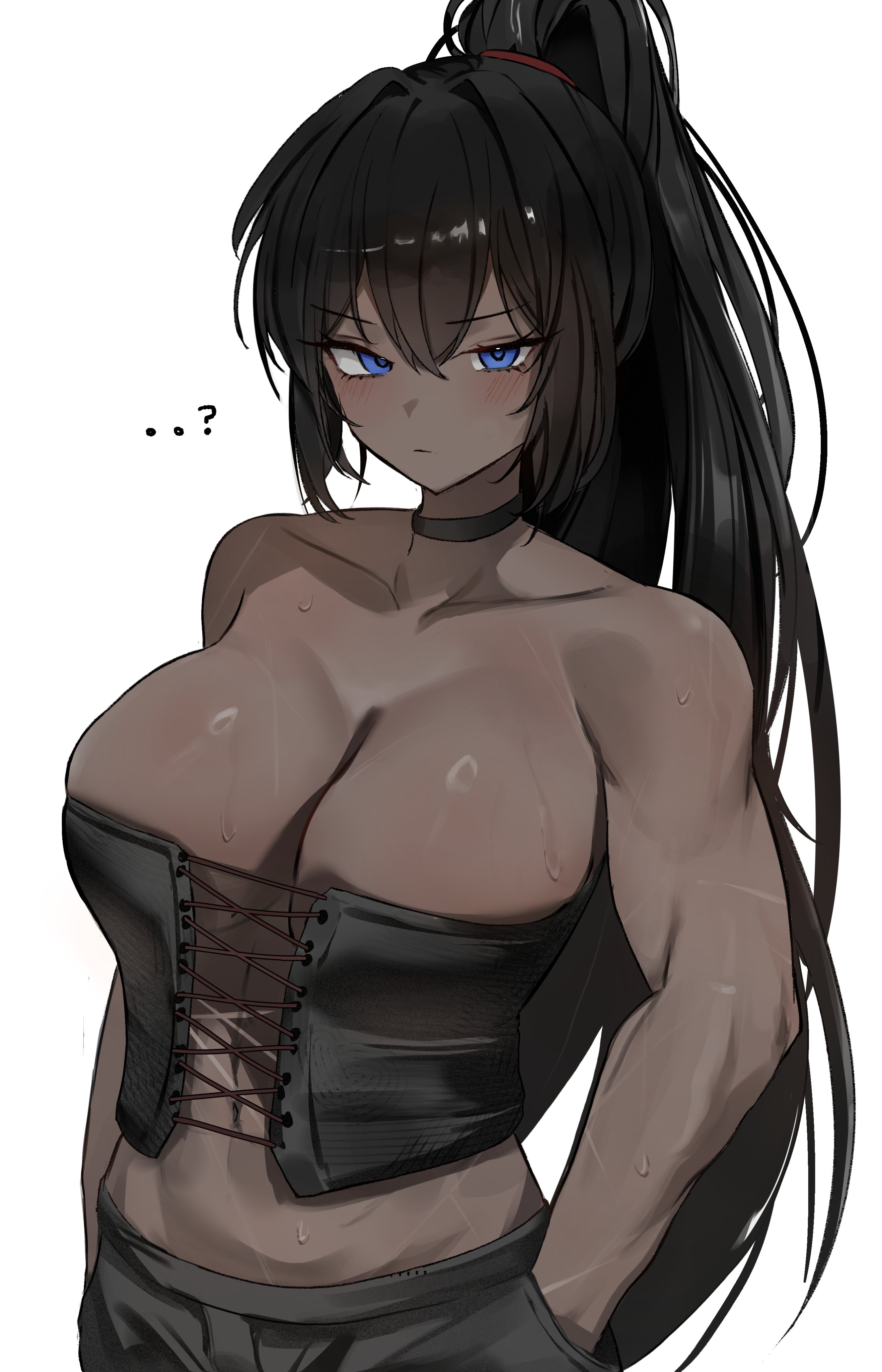 1girl, 1girls, absurdres, bare shoulders, black choker, black corset, black hair, black pants, blush, breasts, choker, cleavage, closed mouth, collarbone, corset, crop top, dark skin, dark-skinned female, female, female only, hair over one eye, hands in pockets, highres, im gyeong-eop (limbus company), large breasts, limbus company, long hair, looking at viewer, muscular, muscular female, pants, project moon, simple background, solo, tomosakaaa, very dark skin, white background, yellow eyes