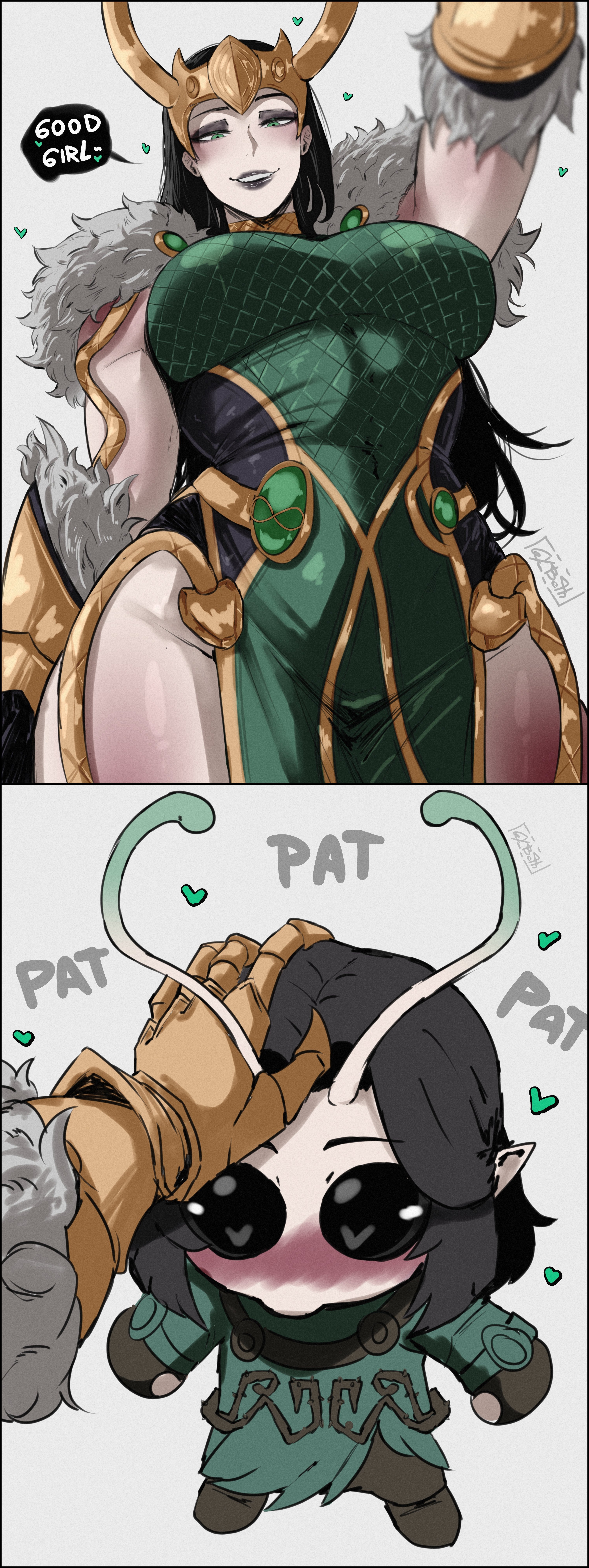 1girls, 2d, absurdres, black eyeshadow, black hair, black lips, blush, breasts, cape, cute, eyeshadow, fake horns, female, female only, fur trim, fur-trimmed cape, fur-trimmed gloves, gauntlets, gloves, gold gauntlets, green eyes, guardians of the galaxy, gybeth, headpat, highres, horned headwear, horned tiara, horns, lady loki, lady loki (marvel rivals), large breasts, leotard, loki (marvel), long hair, looking at viewer, makeup, mantis (marvel rivals), mantis (marvel), marvel, marvel rivals, outstretched arm, pelvic curtain, rule 63, signature, smile, solo, teeth, thighs, thor (series), tiara, white background, wholesome