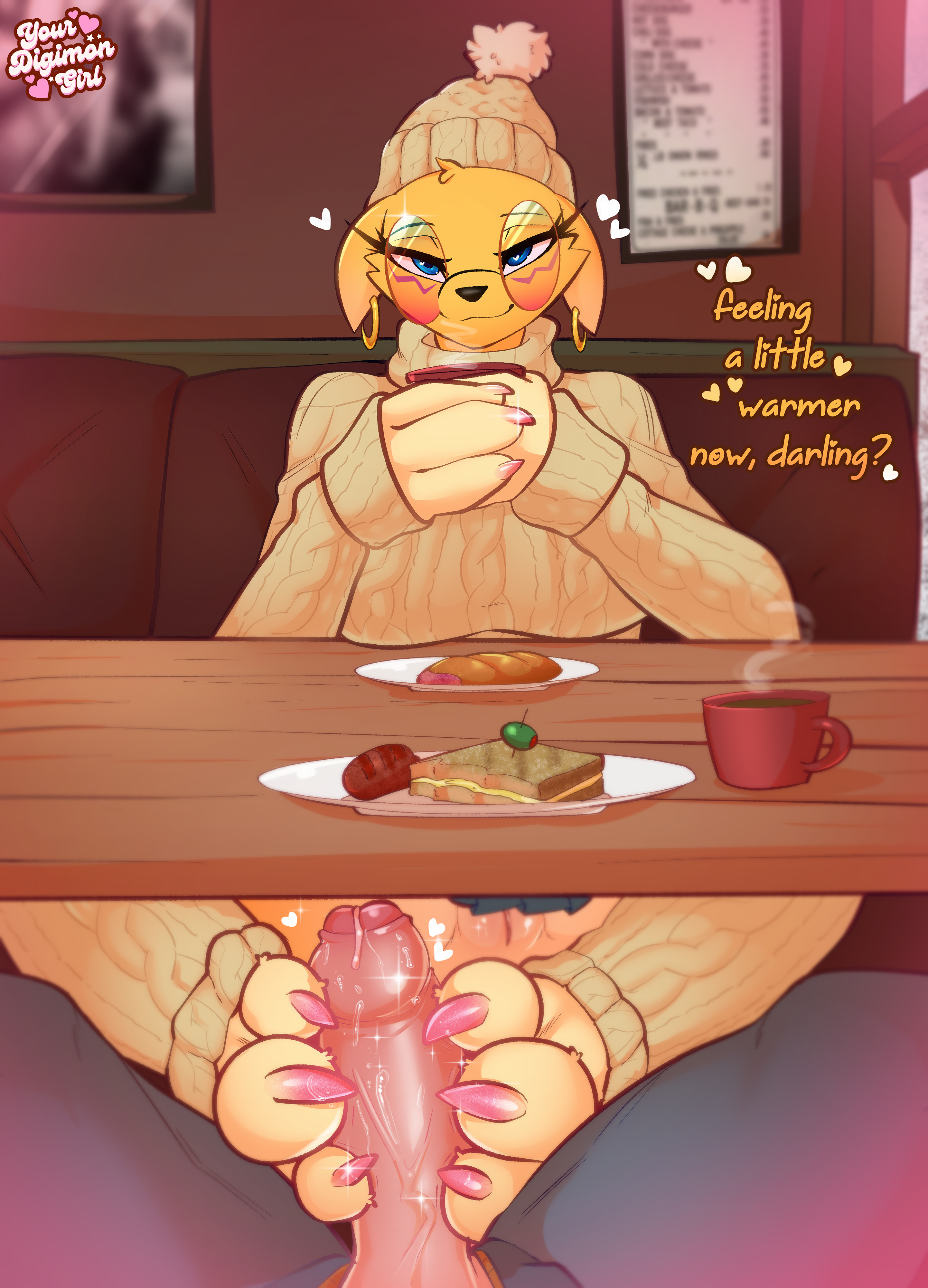 1boy, 1girls, absurd res, bandai namco, beverage, blue eyes, bodily fluids, border, bottomwear, canid, canine, claws, clothed, clothing, coffee, coffee cup, coffee mug, coffee shop, colored nails, container, cup, digi (yourdigimongirl), digimon, digimon (species), digital media (artwork), ear piercing, ear ring, english text, eyewear, feet, female, food, foot fetish, foot play, footjob, fur, genital fluids, genitals, glasses, hat, headgear, headwear, holding container, holding cup, holding object, hoop ear ring, leggings, legwear, male pov, mammal, nails, no underwear, paws, penis, piercing, pink border, pink nails, pov, pov eye contact, precum, public erection, renamon, ring piercing, sandwich (food), sex, skirt, sweater, text, topwear, turtleneck, under table, under table footjob, upskirt, upskirt view, vulva, winter, wool clothing, yellow body, yellow fur, yourdigimongirl