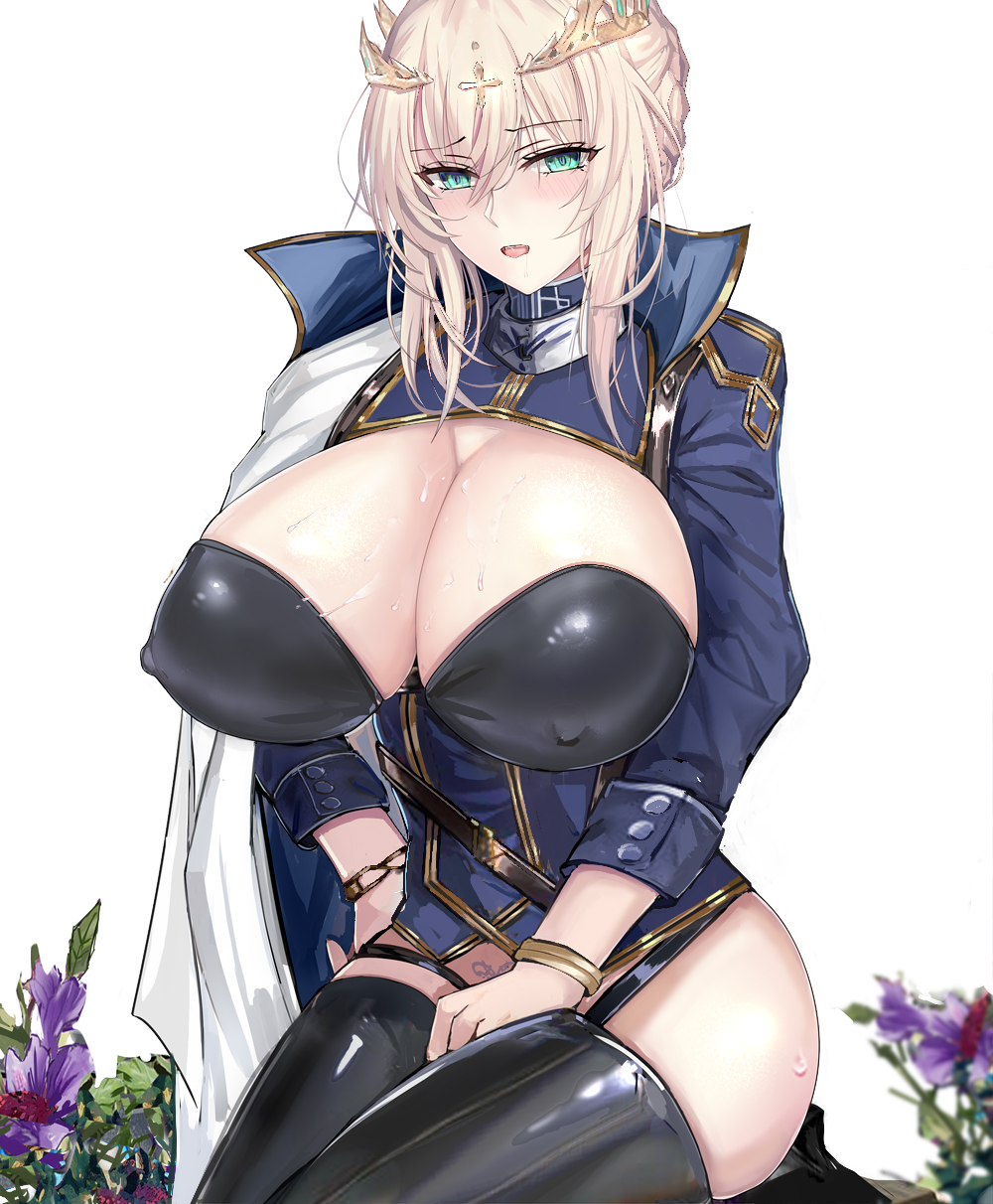 1girls, artoria pendragon, artoria pendragon (lancer), breasts, cleavage, fate (series), fate/grand order, female, female only, huge breasts, impossible clothes, looking at viewer, misaka 12003-gou, nipple bulge, solo, thighhighs