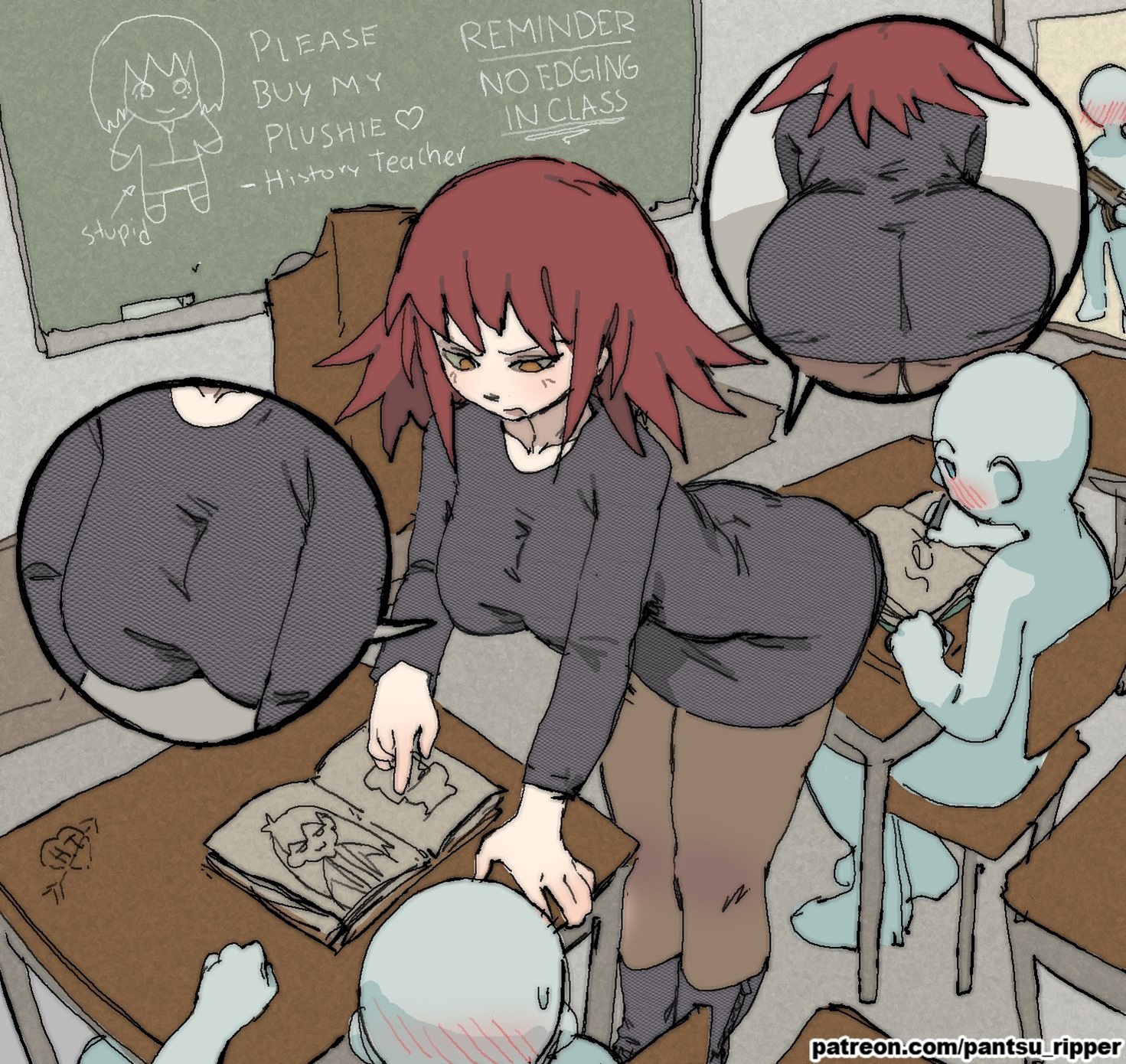 1girls, 3boys, ass, bent forward, bent over, big ass, big breasts, boots, breasts, chair, chalkboard, chalkboard writing, classroom, desk, dress, female, gun, hi res, history teacher (lowgradef), leaning forward, lowgradef (copyright), pantsu ripper, pantyhose, red hair, standing, taut clothes, teacher, teacher and student, tight clothing