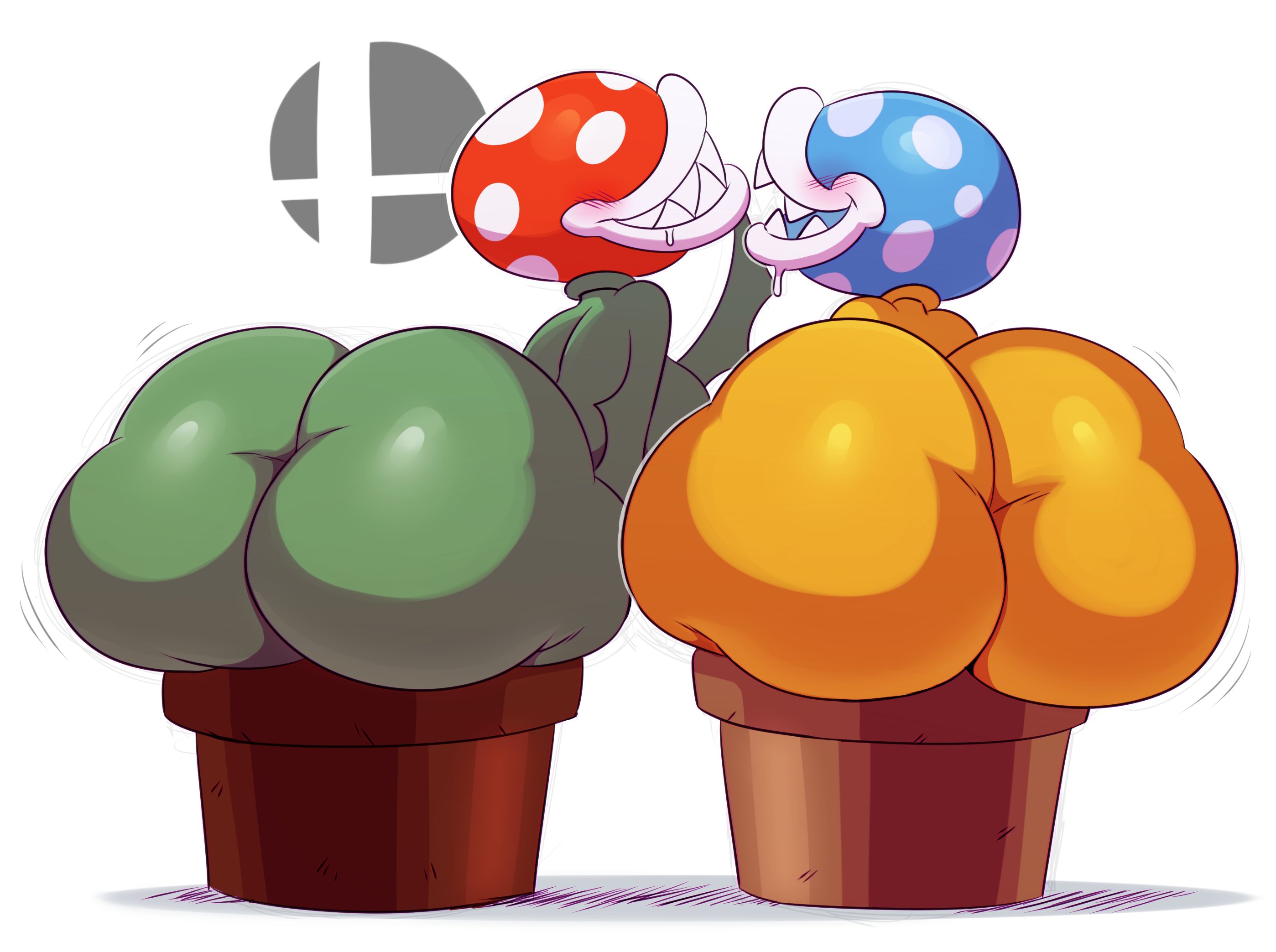 1girls, 1other, alternate color, ambiguous gender, anthro, anthrofied, ass, big ass, big breasts, big butt, blush, breasts, drooling, duo, eyeless, female, flora fauna, full body, grin, huge ass, huge butt, mario (series), nintendo, open mouth, open smile, overflowing ass, piranha plant, plant, rear view, saliva, sideboob, simple background, smile, sssonic2, super smash bros., teeth, thick thighs, video games, white background