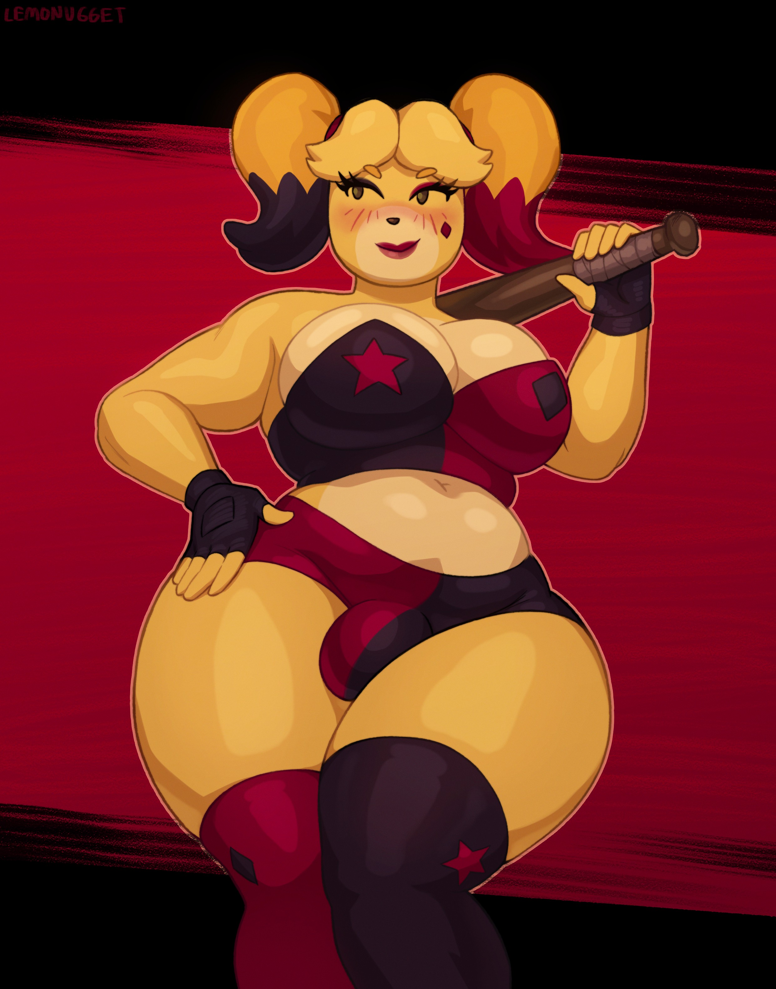 1futa, animal crossing, ass, bat (object), black and red, black and red hair, black leggings, black legwear, booty, bottom, bottom heavy, bottom heavy futa, bulge, bulge in panties, bulge under clothes, bulging penis, butt, chubby, chubby futa, cock, cock bulge, cock under clothes, cosplay, cosplaying as character, costume, dc comics, fat, fat ass, furry, furry futa, furry only, futa, futa bulge, futa cock, futa focus, futa only, futadom, futanari, futanari bulge, halloween, halloween 2026, halloween costume, halloween theme, hand on ass, hand on hip, harley quinn, harley quinn (cosplay), holding, holding bat, holding object, holding weapon, intersex, isabelle (animal crossing), lemonugget, lipstick, nintendo, penis, penis bulge, penis under panties, penis under thong, pigtails, red and black, red and black bikini, red and black clothing, red and black hair, red and black stockings, red leggings, red legwear, red lipstick, stockings, stockings thigh highs, thick, thick ass, thick hips, thick legs, thick thighs, thigh socks, thighhighs, thighs, thong, thong bikini, thong panties, warner brothers, yellow, yellow body, yellow fur, yellow hair, yellow skin