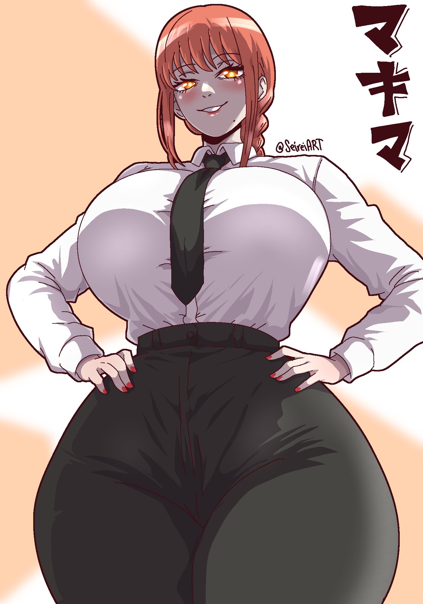 1girls, big boobs, big breasts, blush, boobs, breasts, chainsaw man, clothed, clothed female, female, female focus, female only, large boobs, large breasts, looking at viewer, makima (chainsaw man), open mouth, open smile, red hair, red hair female, redhead, redhead female, redheaded female, seireiart, smile, solo, solo female, tie, voluptuous, voluptuous body, voluptuous female, yellow eyes, yellow eyes female