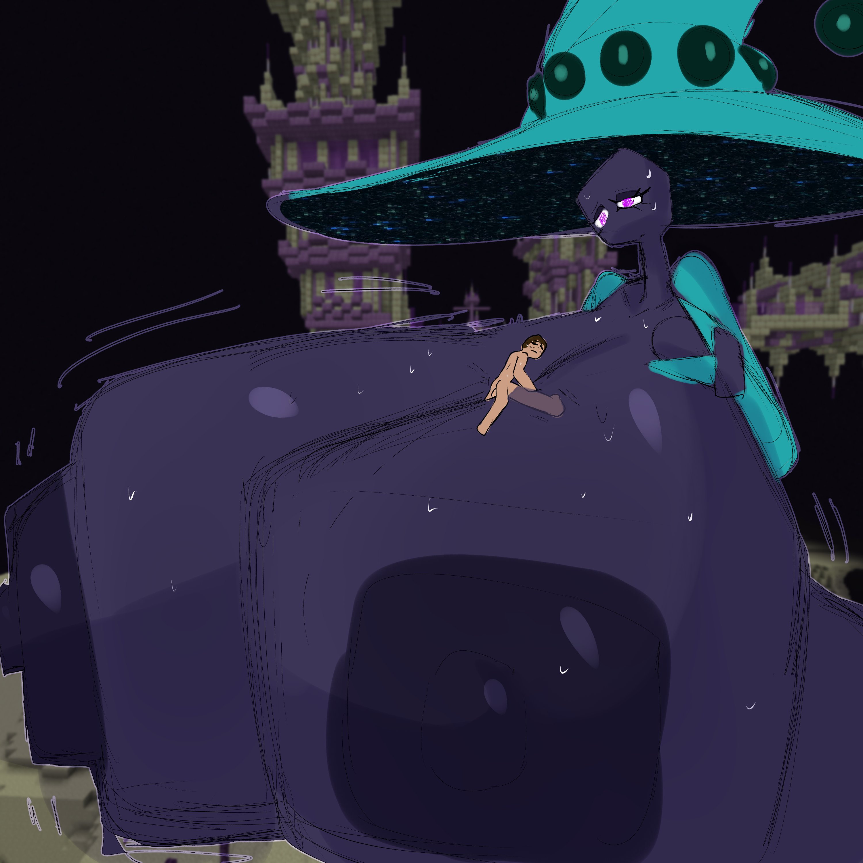 1boy, 1girls, 1girls1boy, bigger female, clothed, clothed female nude male, clothed sex, enderman, enderwoman, female, fromariels, giantess, huge breasts, huge size difference, huge tits, hyper, hyper breasts, hyper thighs, large female, larger female, larger female smaller male, male, massive areolae, massive breasts, massive tits, minecraft, mojang, size difference, smaller male, steve (minecraft), titfuck, titfucking