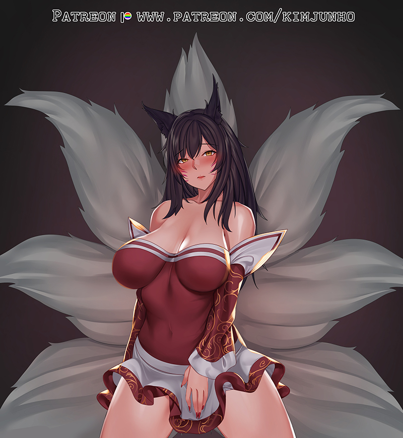 ahri, blush, breasts, female, female only, fox ears, fox tail, kimjunho, large breasts, league of legends, looking at viewer