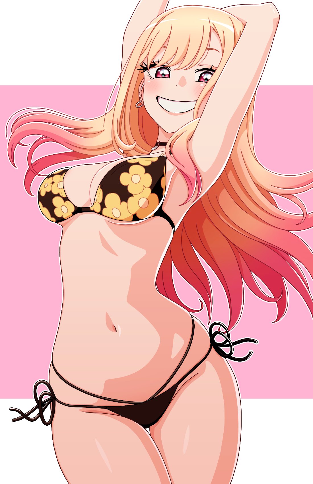 bikini, bikini bottom, bikini top, blonde hair, child bearing hips, choker, cleavage, earrings, hi res, high resolution, highres, kitagawa marin, kyde, medium breasts, navel, non-nude, partially clothed, partially clothed female, red eyes, smiling, smiling at viewer, sono bisque doll wa koi wo suru, swimsuit, wide hips