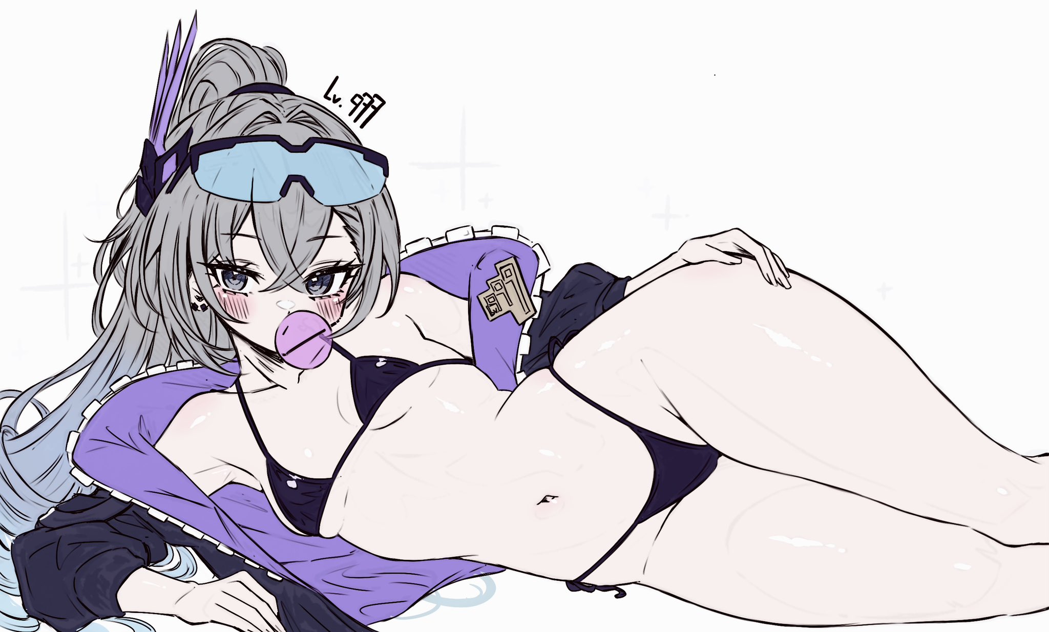 1girl, 1girls, absurdres, ass, belly, belly button, big ass, black bra, black panties, black underwear, blush, blushing, bottom heavy, bra, breasts, bubble gum, cameltoe, collarbone, female, female focus, female only, flat chest, flat chested, gamer girl, glasses, glasses on head, gum, hand on hip, highres, hips, hips wider than shoulders, honkai (series), honkai: star rail, huge ass, jacket, long hair, looking at viewer, lying, lying on side, navel, panties, petite, petite body, petite female, ponytail, pose, posing, silver eyes, silver hair, silver wolf (honkai: star rail), silver wolf (lv.999) (honkai: star rail), small breasts, solo, teasing viewer, thick thighs, thighs, thong, underwear, usa (usagi minku)