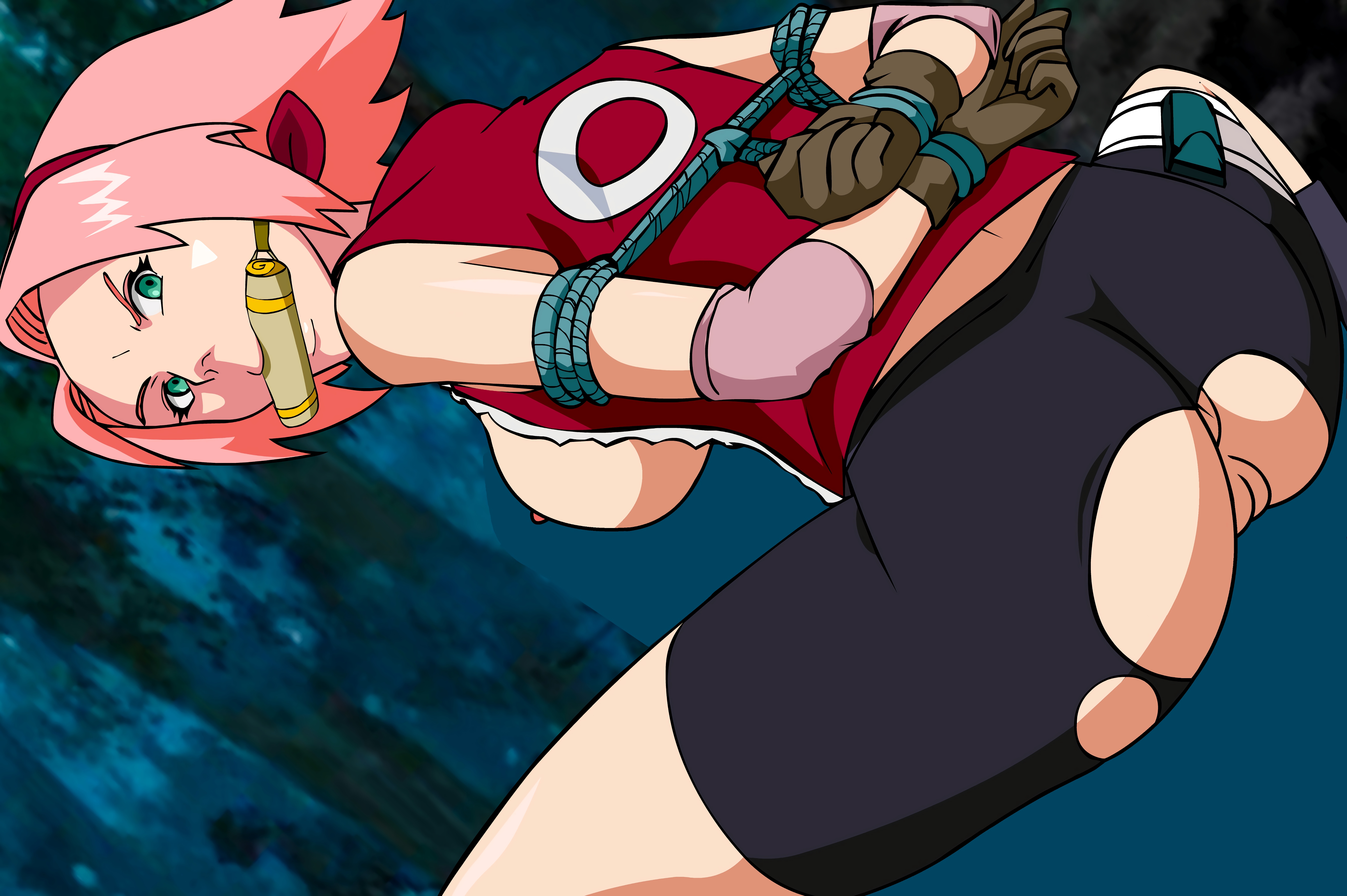 anus, ass, clothing, female, fully clothed, gloves, green eyes, hands behind back, looking back, naruto, naruto (series), naruto shippuden, pink hair, pussy, ripped clothing, sakura haruno, short shorts, shorts, tied up, vagina