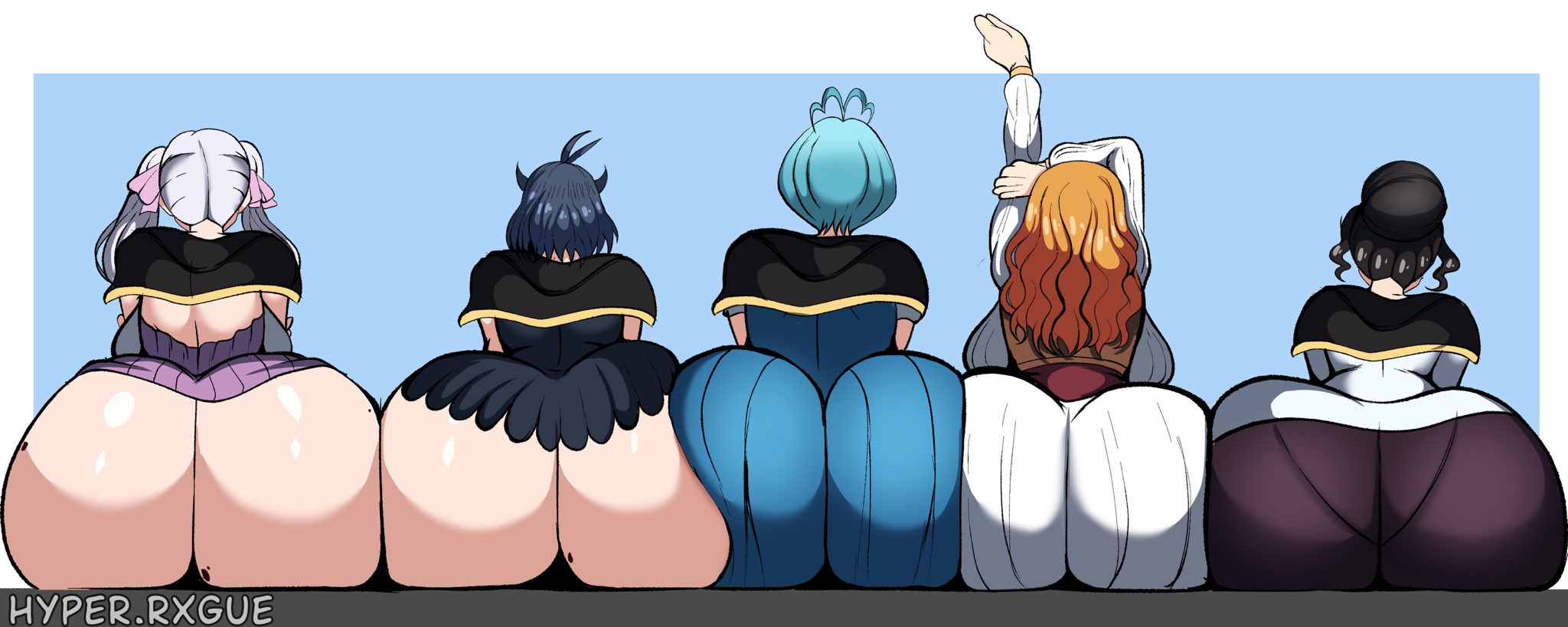 2d, 5girls, ass, ass chart, ass focus, ass hanging out, ass hanging out of skirt, ass row, back view, big ass, black clover, character request, fat ass, female, female only, huge ass, hyperrxgue, light skin, light-skinned female, microskirt, noelle silva, tagme, underwear outline