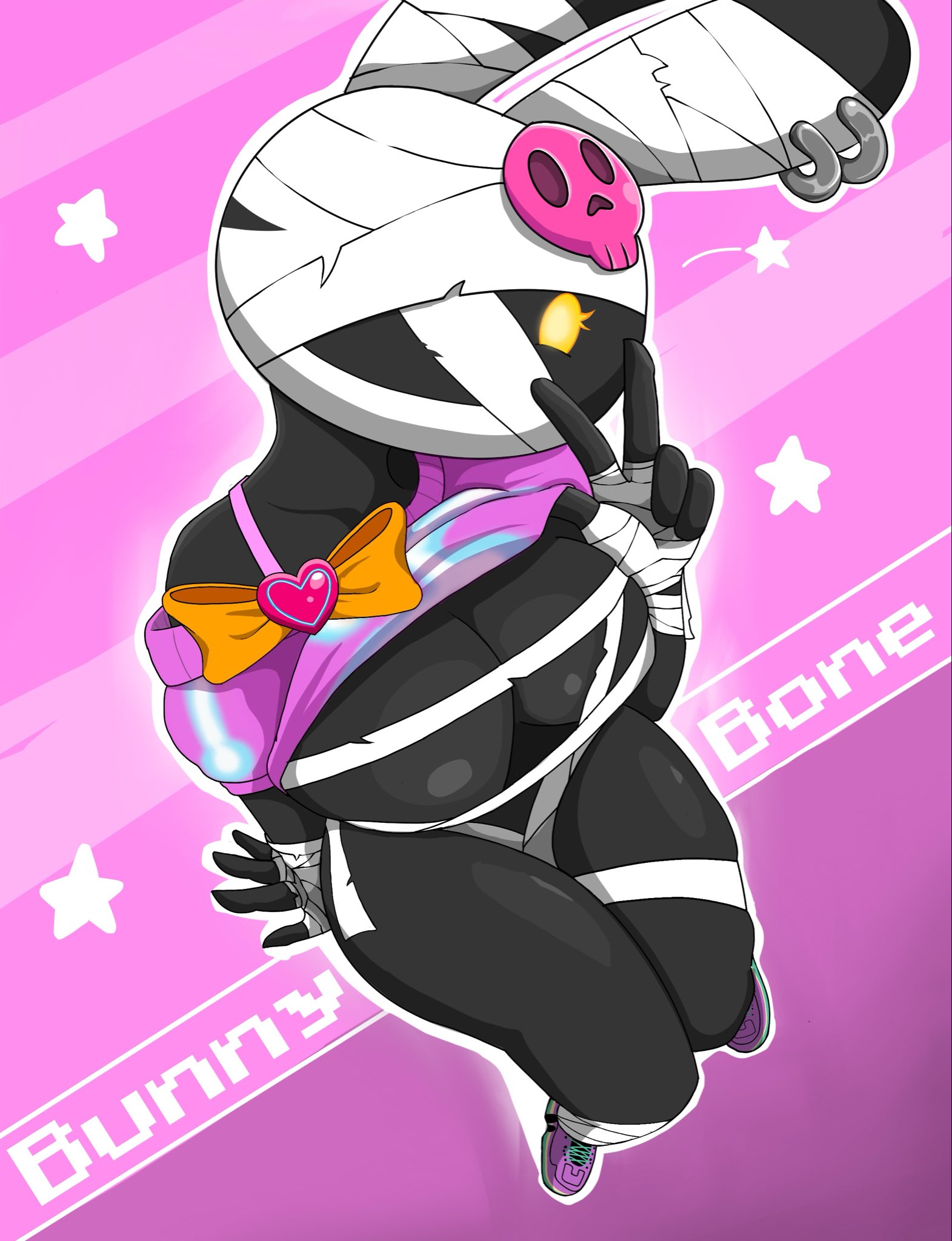 1girl, 2d, 2d (artwork), big breasts, black body, bunny, bunny ears, bunnybone (fortnite), fortnite, fortnitemares, pink background