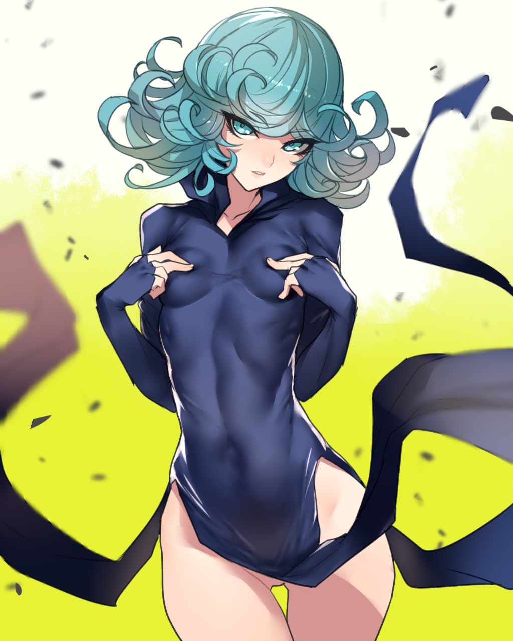 1girls abs aqua_eyes aqua_hair ban breasts dress female female_only flat_chest no_panties one-punch_man small_breasts solo standing tatsumaki thigh_gap tight_clothes