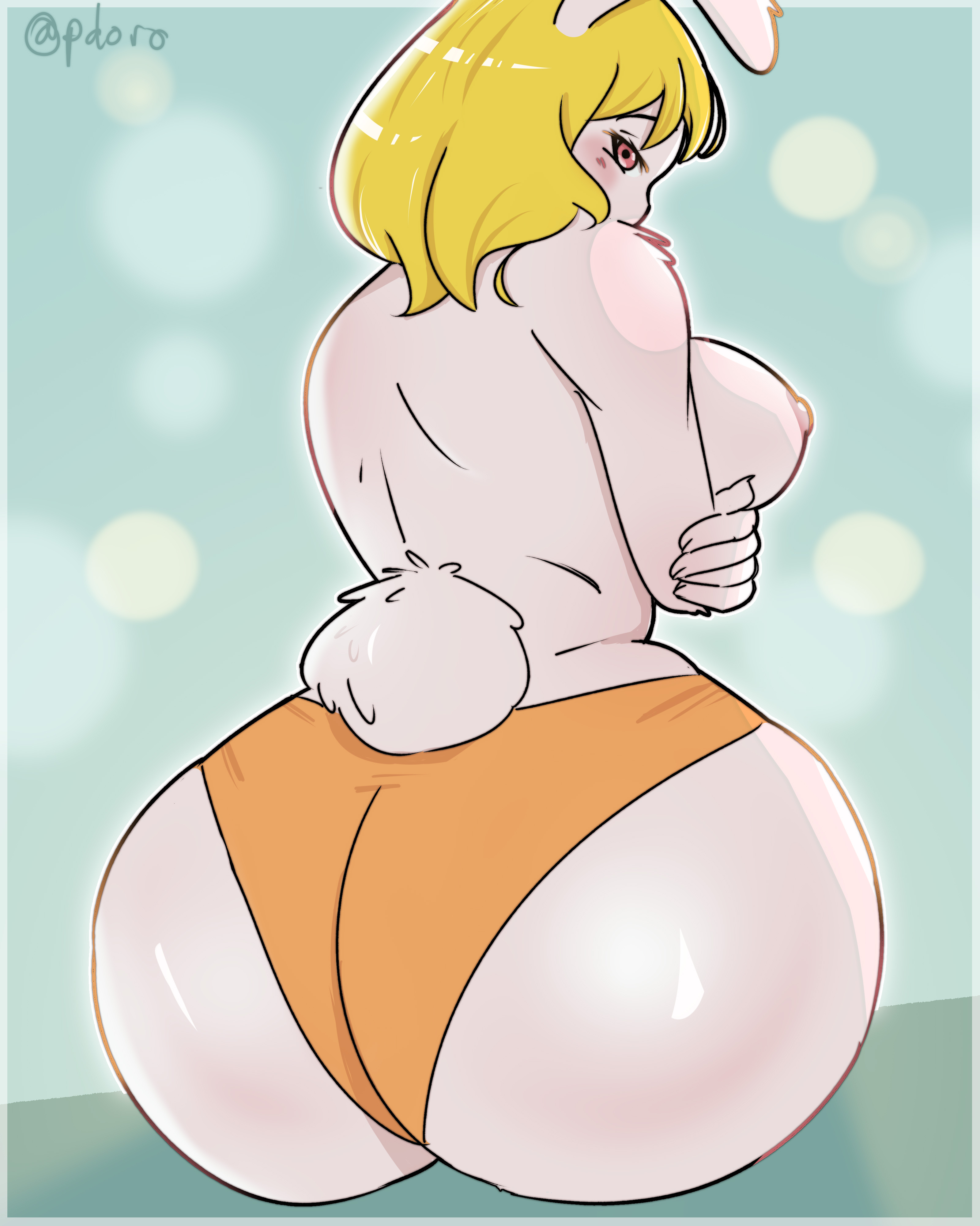 anthro, ass, back view, big ass, big breasts, big butt, big thighs, big titties, breasts, brown eyes, bubble text, bunny, bunny ears, bunny girl, carrot (one piece), clothing, female, female only, furry, furry female, furry only, inviting to sex, looking at viewer, nipples, one piece, pdoro, white fur, yellow hair
