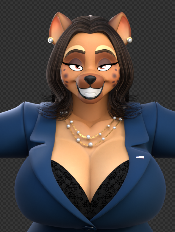 3d_(artwork) american_flag anthro big_breasts blue_clothing blue_suit bra breasts brown_body brown_eyes brown_fur brown_hair business_suit checkered checkered_background cleavage clothed clothing digital_media_(artwork) ear_piercing ear_ring eyelashes female fur gem hair hyena jewelry kamala_harris kamala_harris_(hyena) kamala_harris_(violetv0ids) long_eyelashes mammal meme necklace pattern_background pearl_(gem) pearl_necklace piercing politics ring_piercing simple_background smile solo spotted_hyena suit underwear united_states_of_america violetv0ids