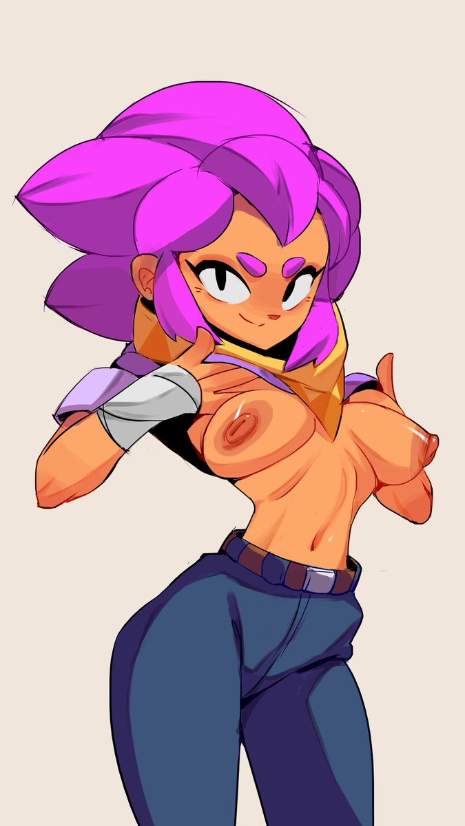 1girls, blush, brawl stars, breasts, female, huhujujuy, latina, looking at viewer, medium breasts, medium hair, nipples, presenting breasts, purple hair, shelly (brawl stars), shirt, shirt lift, shirt up, showing breasts, simple background, smile, solo, standing, supercell