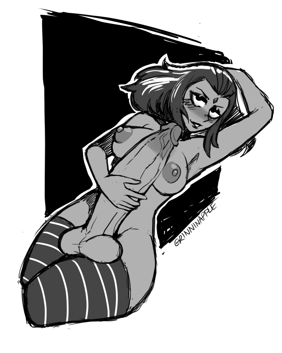 1futa, balls, breasts, dc, dc comics, erection, futa only, futanari, goth, grinninapple, huge balls, huge cock, intersex, lying, monochrome, nipples, nude, penis, rachel roth, raven (dc), sketch, solo, solo futa, teen titans, thighhighs