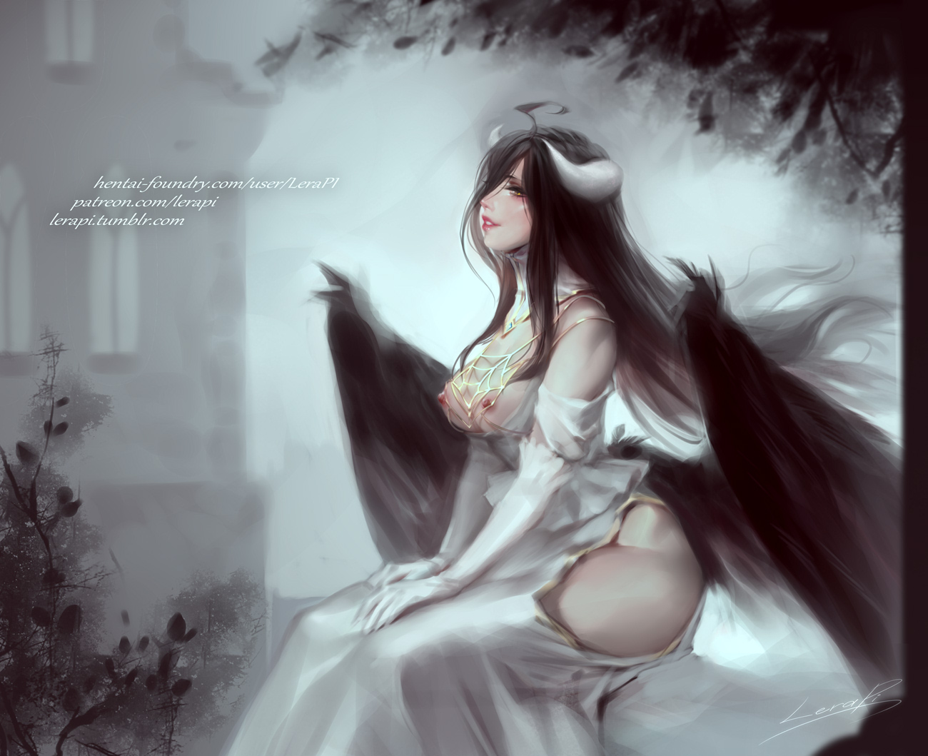 albedo (overlord), areolae, breasts, demon, female, female only, horns, lerapi, nipples, overlord (maruyama), solo, succubus