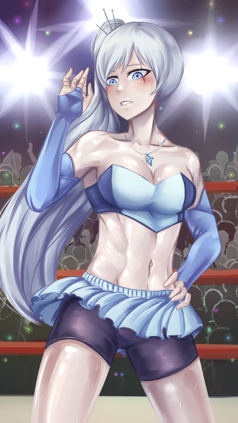 1girls abs arsonicartz athletic athletic_female blue_crop_top blue_eyes blue_skirt breasts bridal_gauntlets crop_top fit fit_female hand_on_hip looking_at_viewer medium_breasts midriff navel necklace ponytail rwby scar scar_across_eye shorts_under_skirt skirt weiss_schnee white_hair wrestling_outfit wrestling_ring