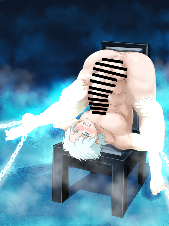 1boy alternate_version_available anus big_penis bleach bondage censored clenched_teeth large_penis legs_apart light_skin male male_only penis piledriver_position restrained solo source_request soyuzu spread_legs submissive_male toshiro_hitsugaya white_hair younger_male