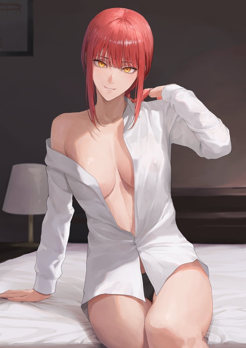 2d 2d_(artwork) ano_(gccx8784) bed bedroom breasts chainsaw_man large_breasts looking_at_viewer makima_(chainsaw_man) orange_eyes red_hair see-through see-through_clothing shirt sitting_on_bed thighs unbuttoned_shirt undressing white_shirt