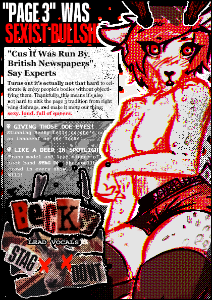 anthro becky_(the_barker) breasts canid canine deer female fur graffiti gundog_(artist) looking_at_viewer magazine mammal name_tag newspaper pen press sexism solo spots the_barker white_body white_fur