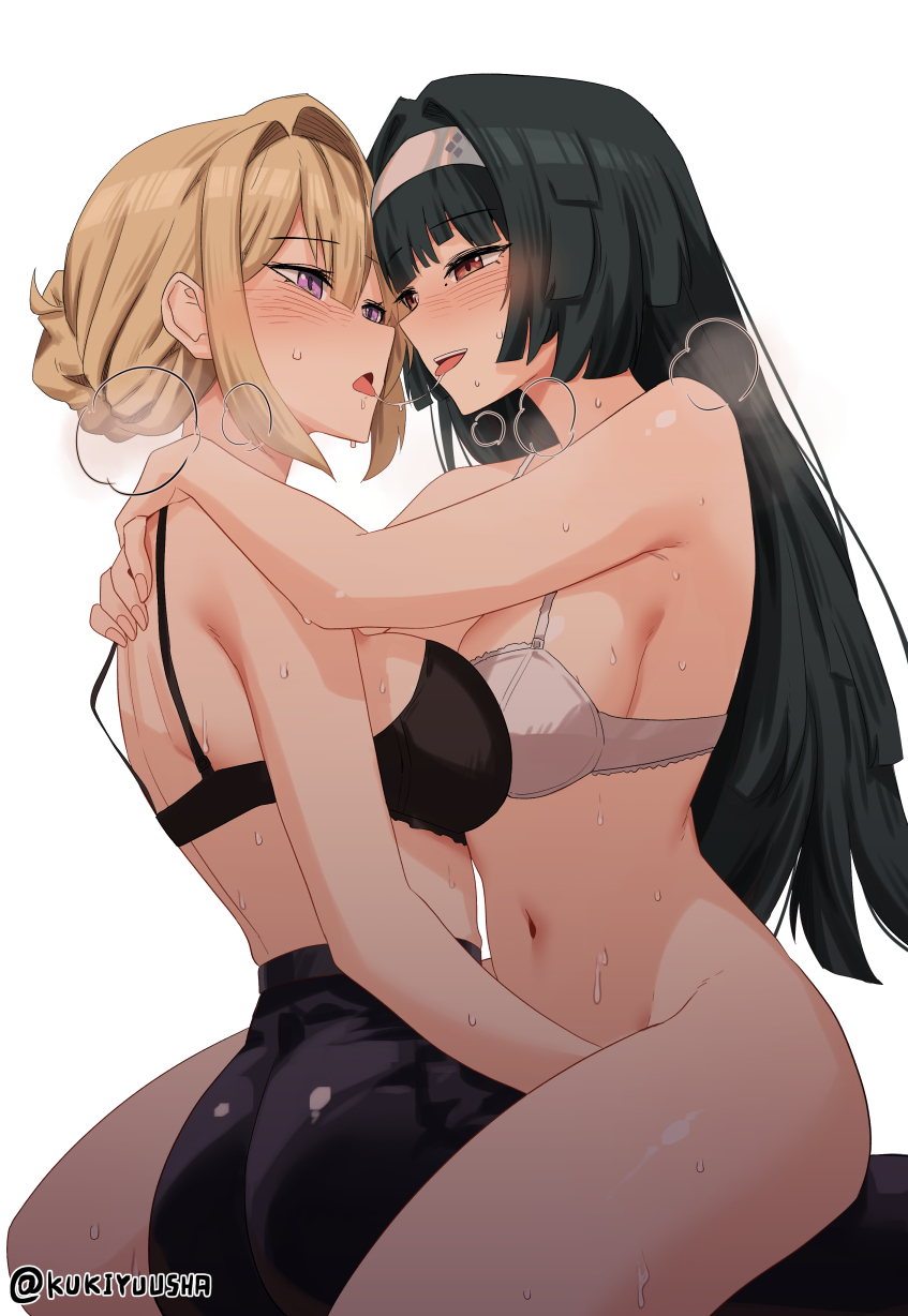 2girls after_kiss astra_yao black_pants blonde_hair blush bottomless bra breasts evelyn_chevalier female female_only hairband highres hoyoverse implied_fingering kukiyuusha light-skinned_female light_skin long_hair medium_breasts mihoyo mihoyo_technology_(shanghai)_co._ltd. multiple_girls open_mouth pants purple_eyes red_eyes saliva saliva_trail short_hair simple_background stars_of_lyra sweat twitter_username underwear white_background white_bra white_hairband yuri zenless_zone_zero